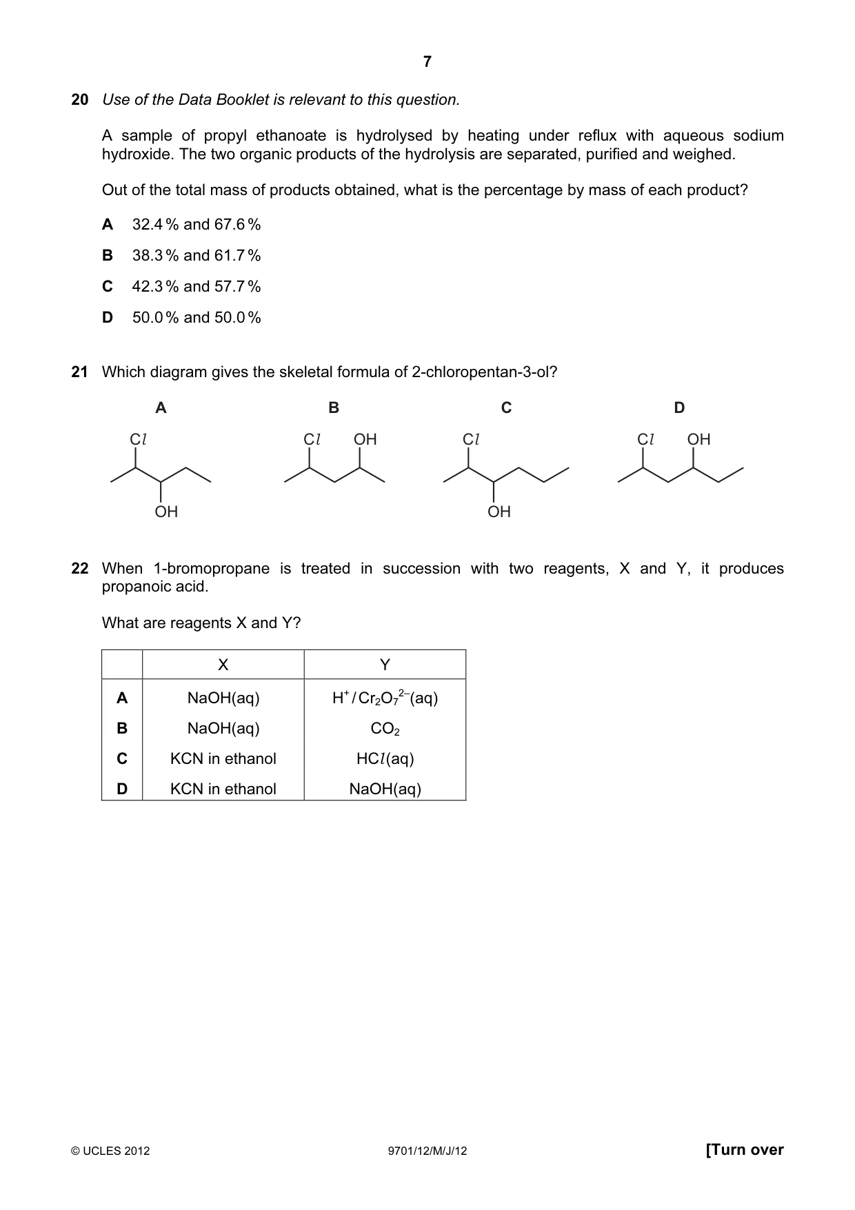Cambridge A Level Chemistry 9701 2012 May/June Paper 1 · Variant 2 question paper, page 7 of 16