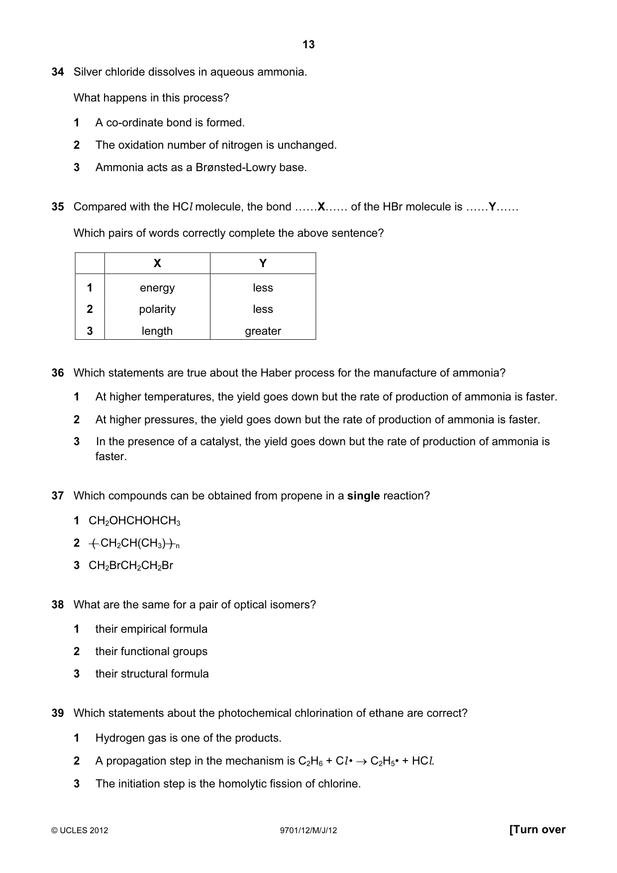 Cambridge A Level Chemistry 9701 2012 May/June Paper 1 · Variant 2 question paper, page 13 of 16