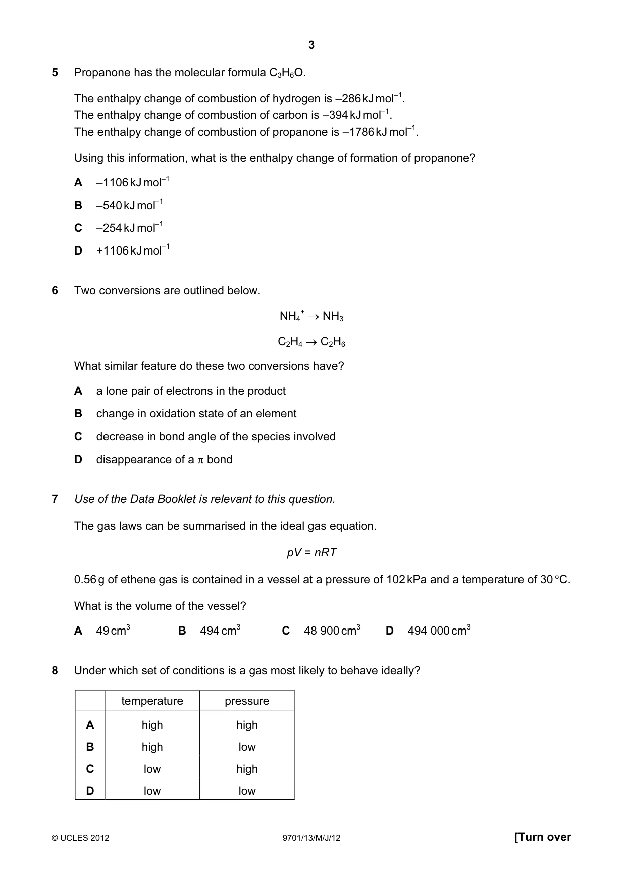 Cambridge A Level Chemistry 9701 2012 May/June Paper 1 · Variant 3 question paper, page 3 of 16