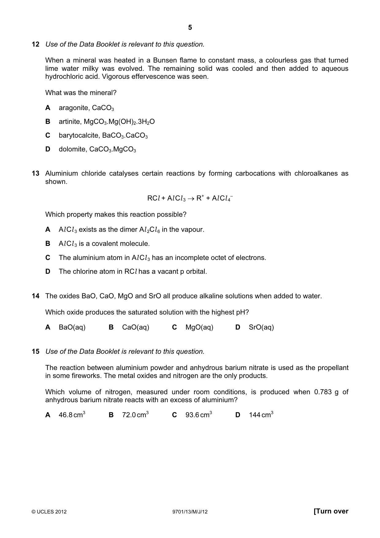 Cambridge A Level Chemistry 9701 2012 May/June Paper 1 · Variant 3 question paper, page 5 of 16