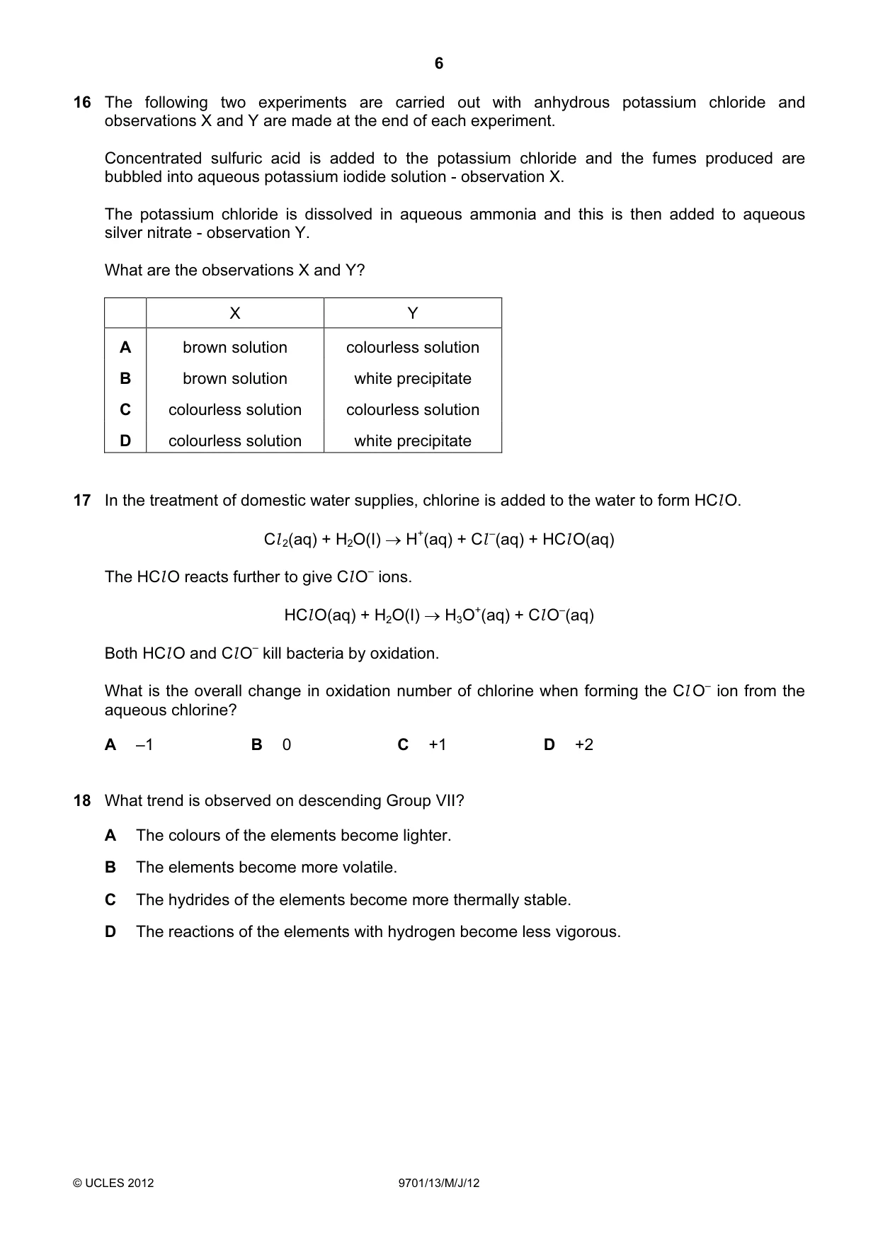 Cambridge A Level Chemistry 9701 2012 May/June Paper 1 · Variant 3 question paper, page 6 of 16