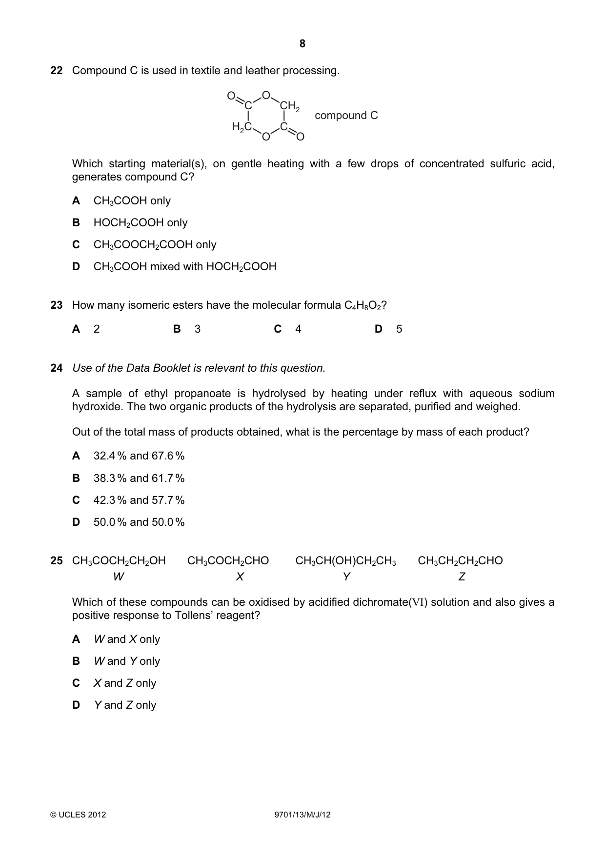 Cambridge A Level Chemistry 9701 2012 May/June Paper 1 · Variant 3 question paper, page 8 of 16