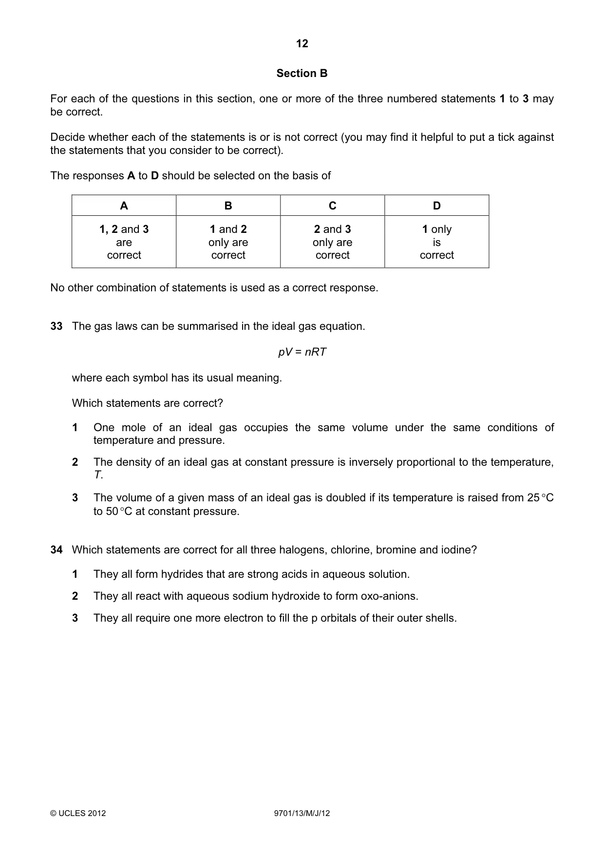 Cambridge A Level Chemistry 9701 2012 May/June Paper 1 · Variant 3 question paper, page 12 of 16
