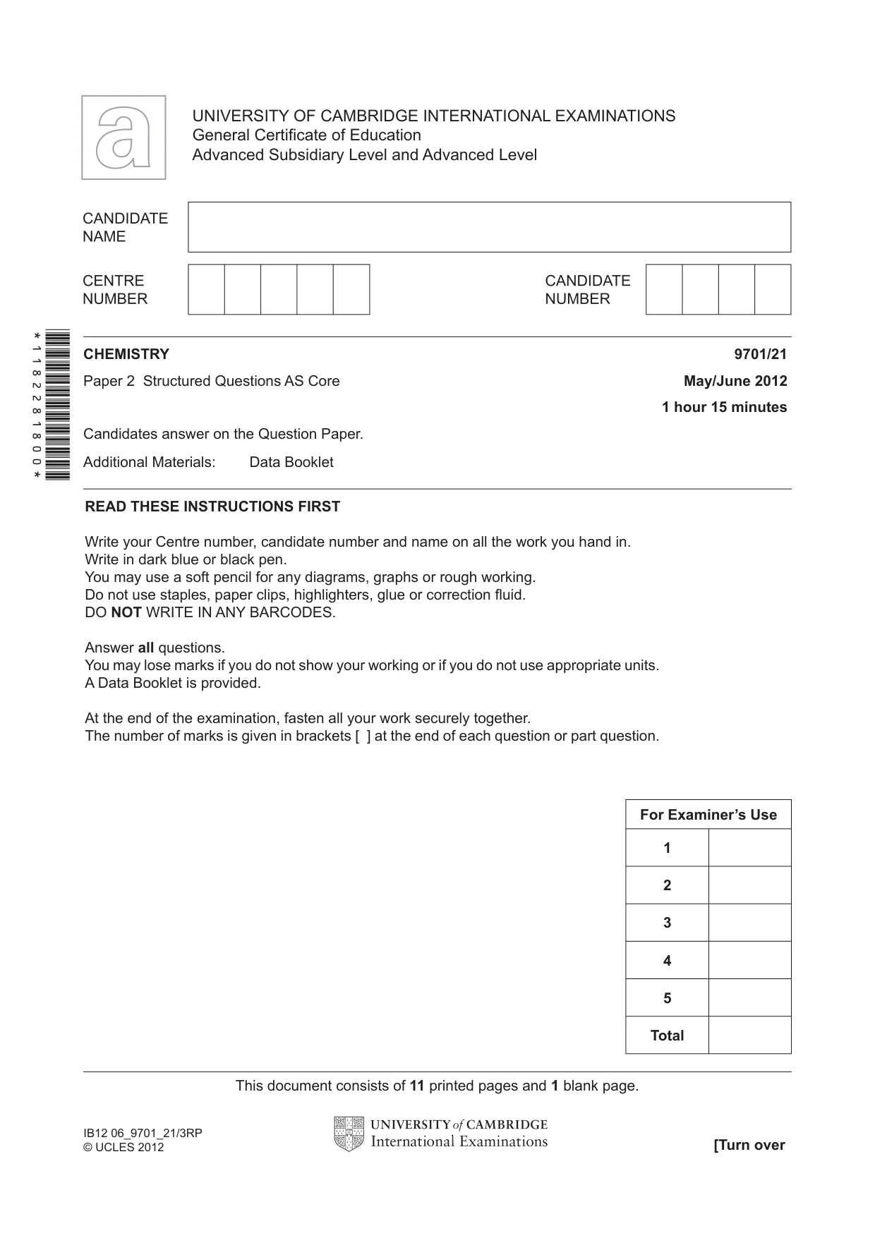 Cambridge A Level Chemistry 9701 2012 May/June Paper 2 · Variant 1 question paper, page 1 of 12