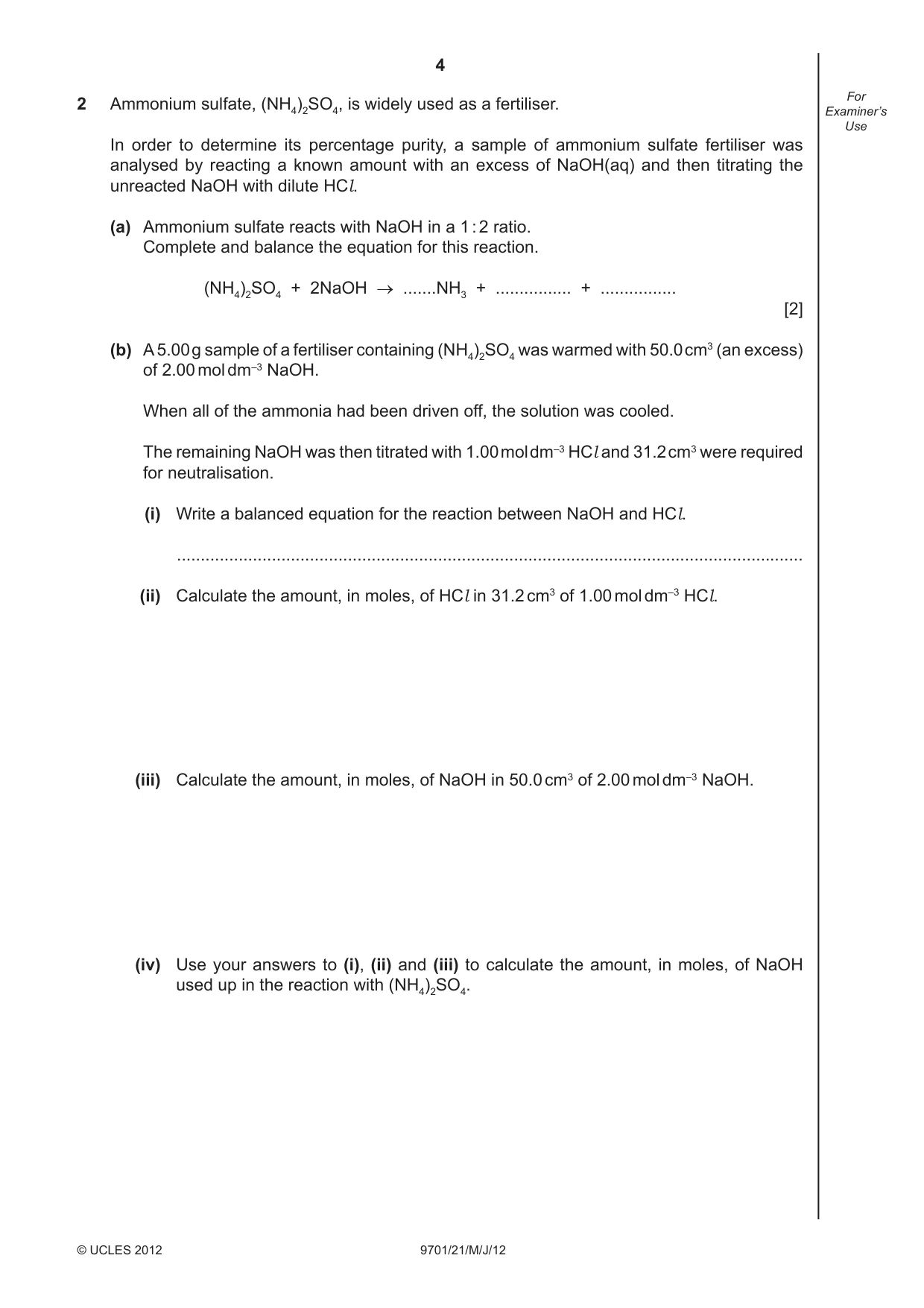 Cambridge A Level Chemistry 9701 2012 May/June Paper 2 · Variant 1 question paper, page 4 of 12