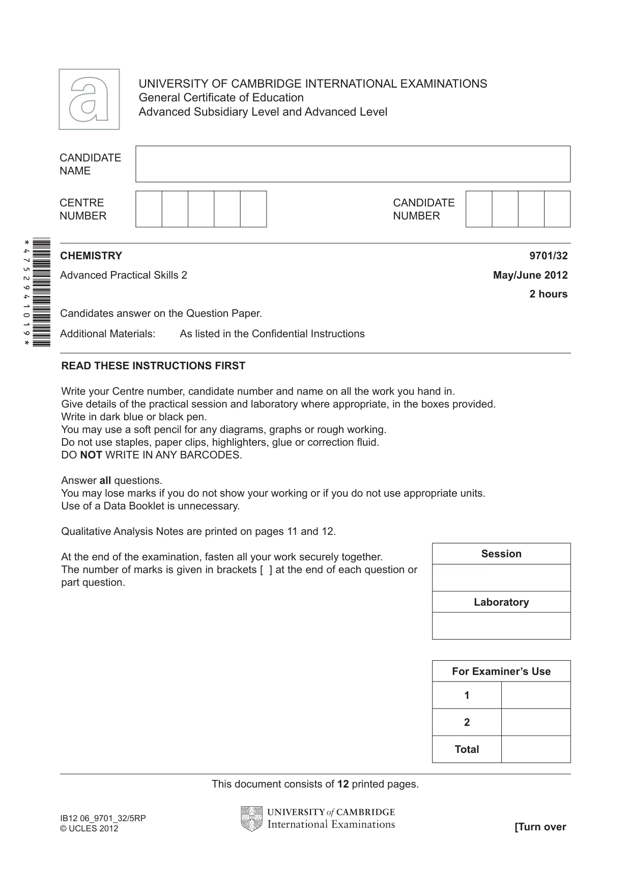 Cambridge A Level Chemistry 9701 2012 May/June Paper 3 · Variant 2 question paper, page 1 of 12