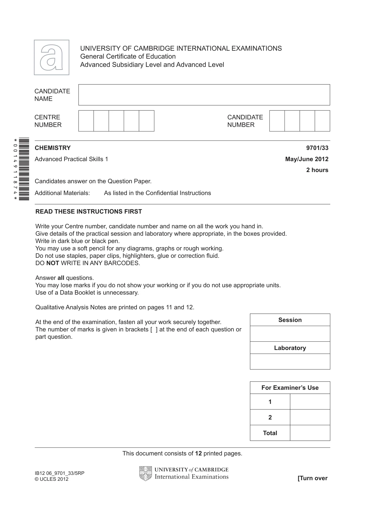 Cambridge A Level Chemistry 9701 2012 May/June Paper 3 · Variant 3 question paper, page 1 of 12