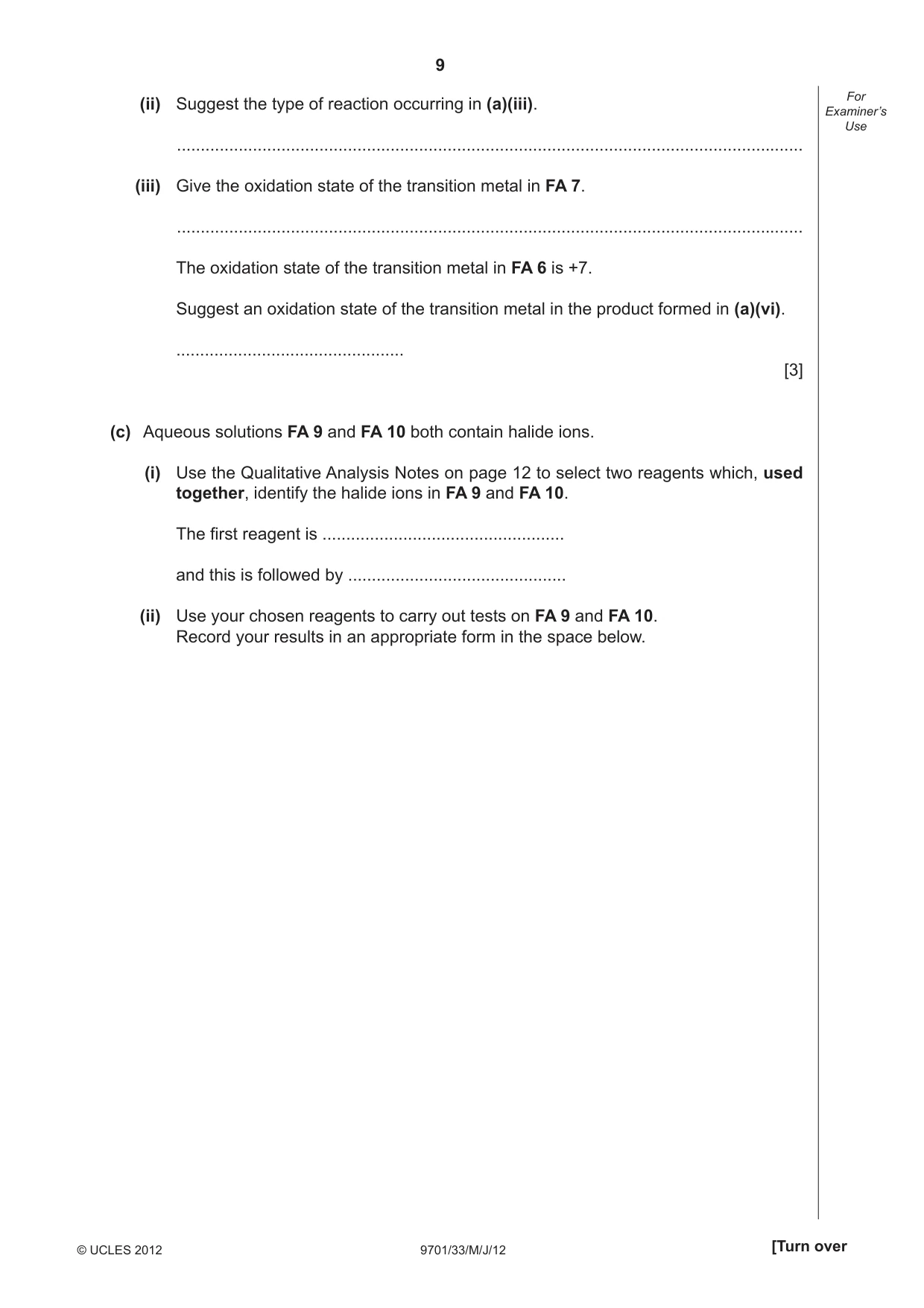 Cambridge A Level Chemistry 9701 2012 May/June Paper 3 · Variant 3 question paper, page 9 of 12
