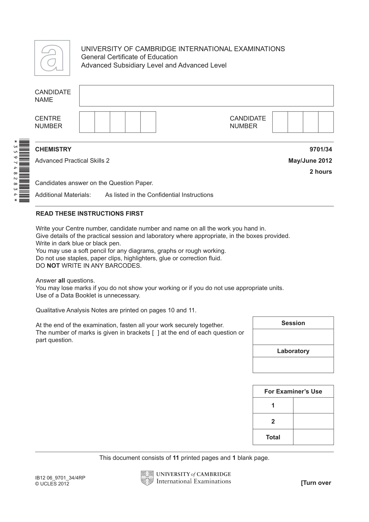 Cambridge A Level Chemistry 9701 2012 May/June Paper 3 · Variant 4 question paper, page 1 of 12