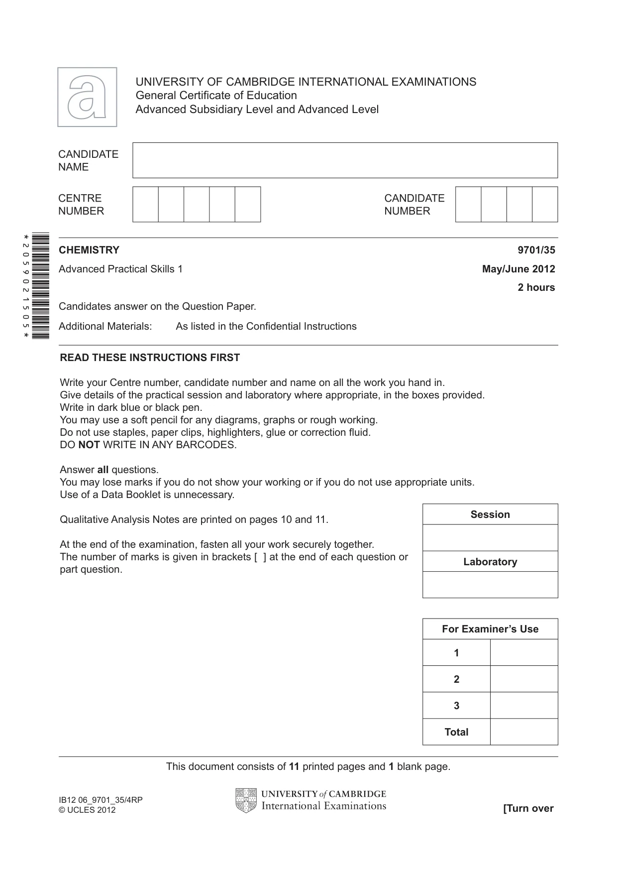 Cambridge A Level Chemistry 9701 2012 May/June Paper 3 · Variant 5 question paper, page 1 of 12