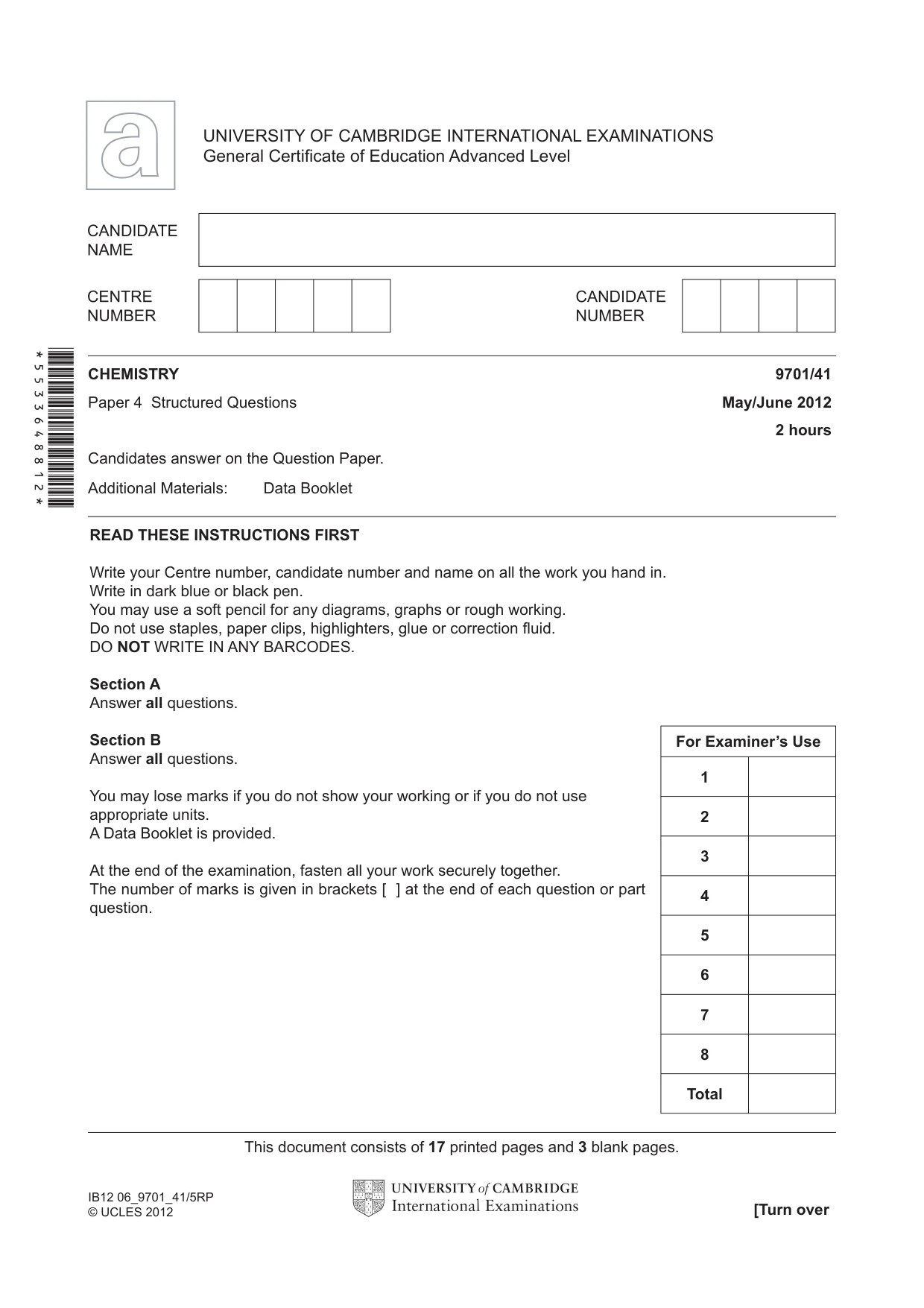 Cambridge A Level Chemistry 9701 2012 May/June Paper 4 · Variant 1 question paper, page 1 of 20