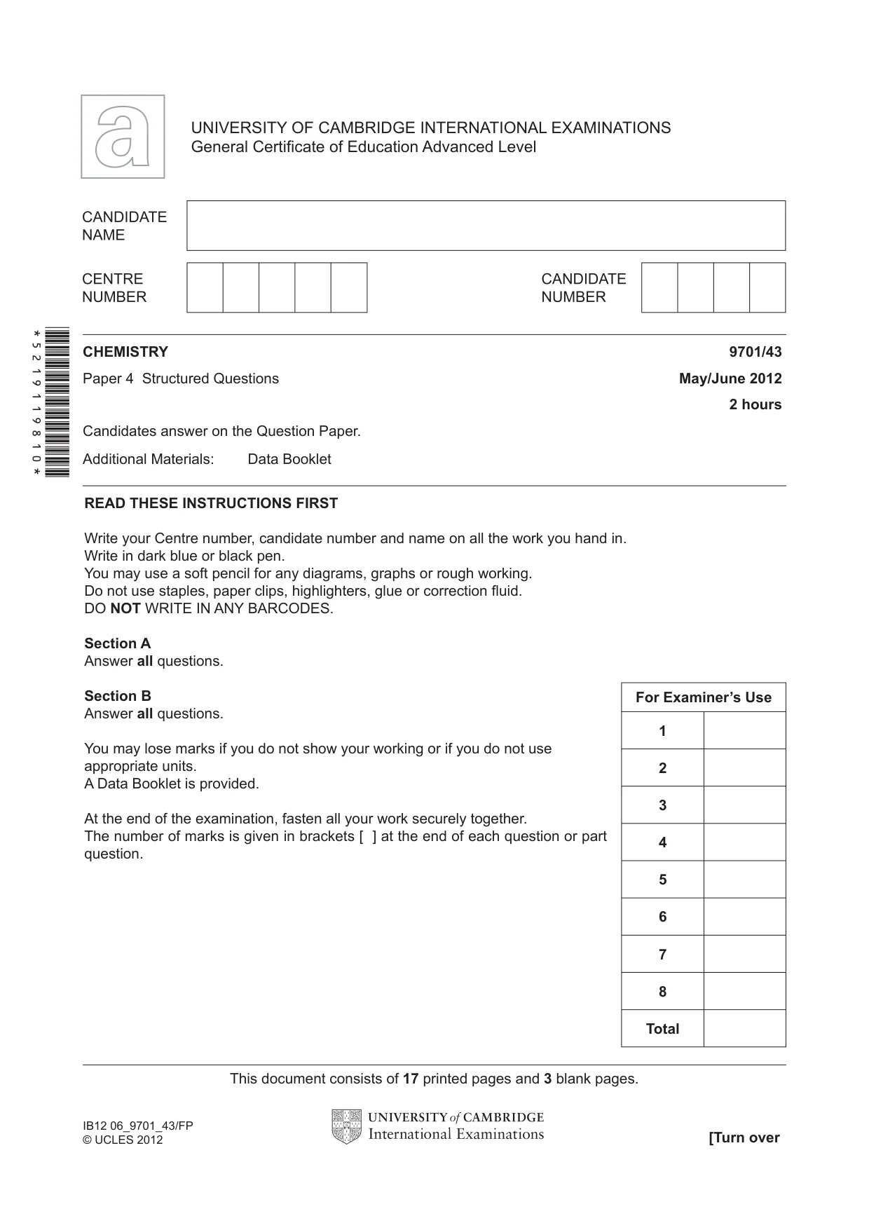 Cambridge A Level Chemistry 9701 2012 May/June Paper 4 · Variant 3 question paper, page 1 of 20