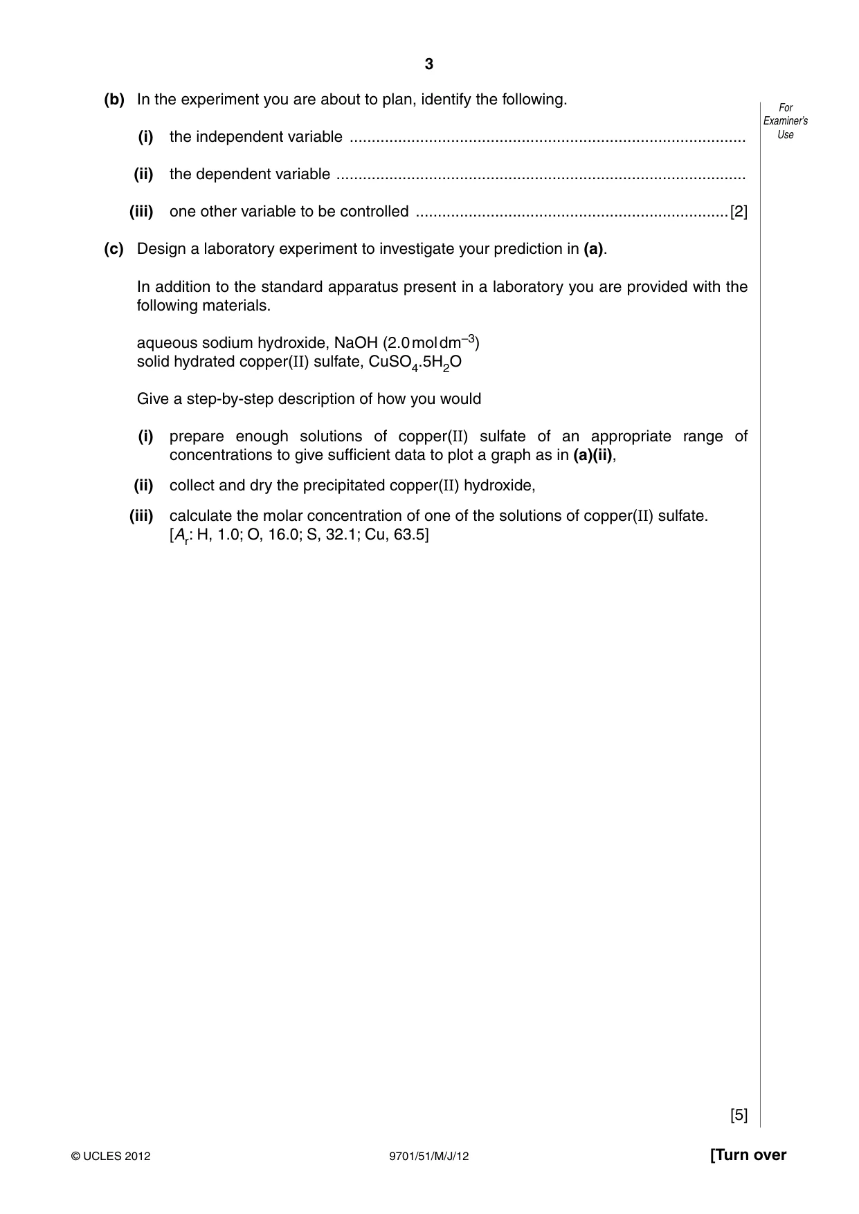 Cambridge A Level Chemistry 9701 2012 May/June Paper 5 · Variant 1 question paper, page 3 of 8