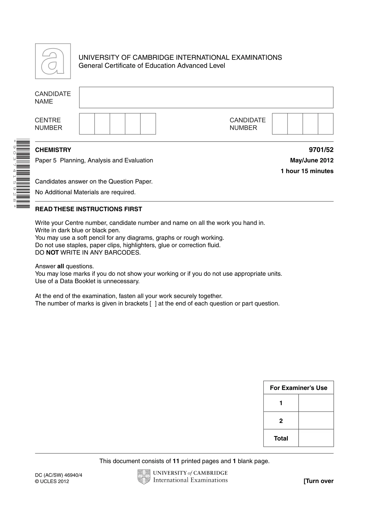 Cambridge A Level Chemistry 9701 2012 May/June Paper 5 · Variant 2 question paper, page 1 of 12