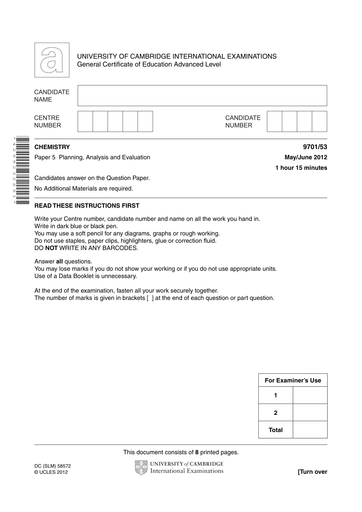 Cambridge A Level Chemistry 9701 2012 May/June Paper 5 · Variant 3 question paper, page 1 of 8