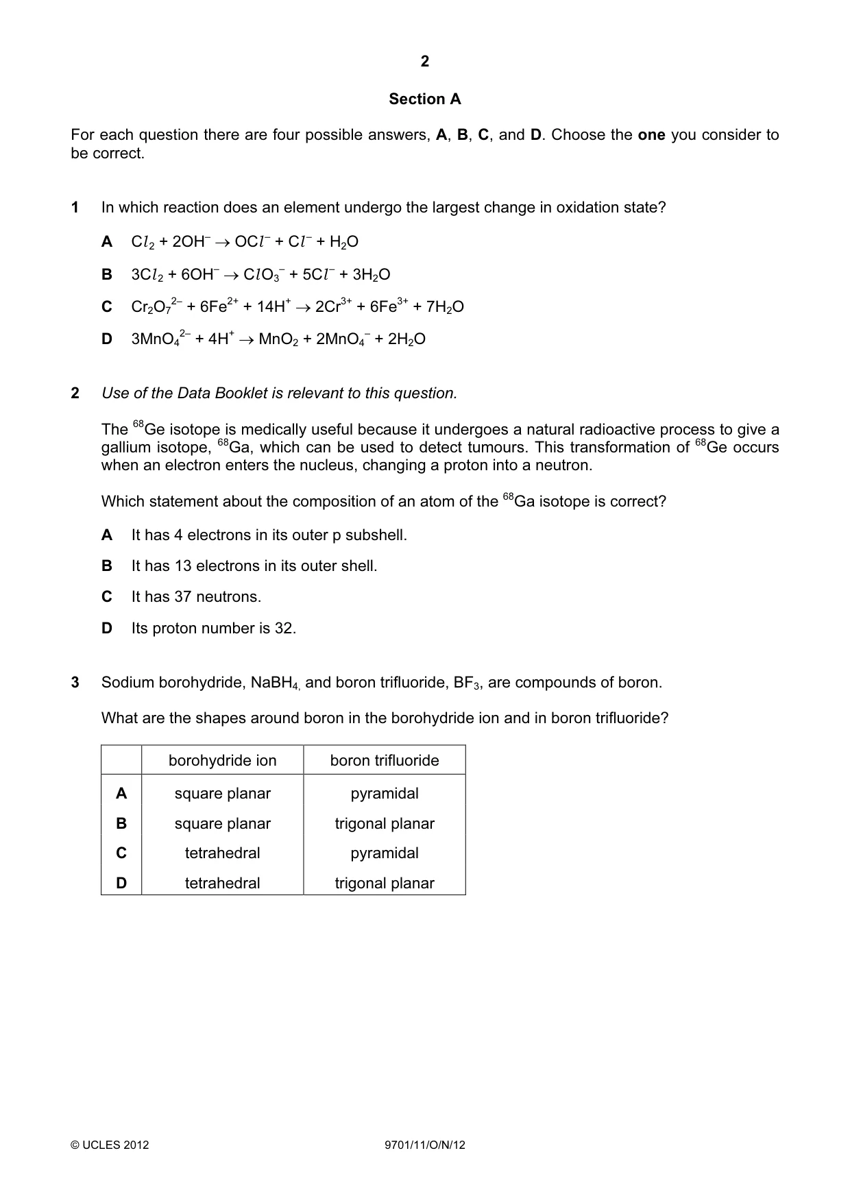 Cambridge A Level Chemistry 9701 2012 Oct/Nov Paper 1 · Variant 1 question paper, page 2 of 16