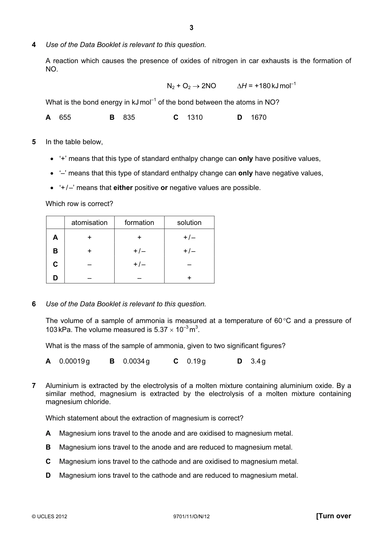 Cambridge A Level Chemistry 9701 2012 Oct/Nov Paper 1 · Variant 1 question paper, page 3 of 16