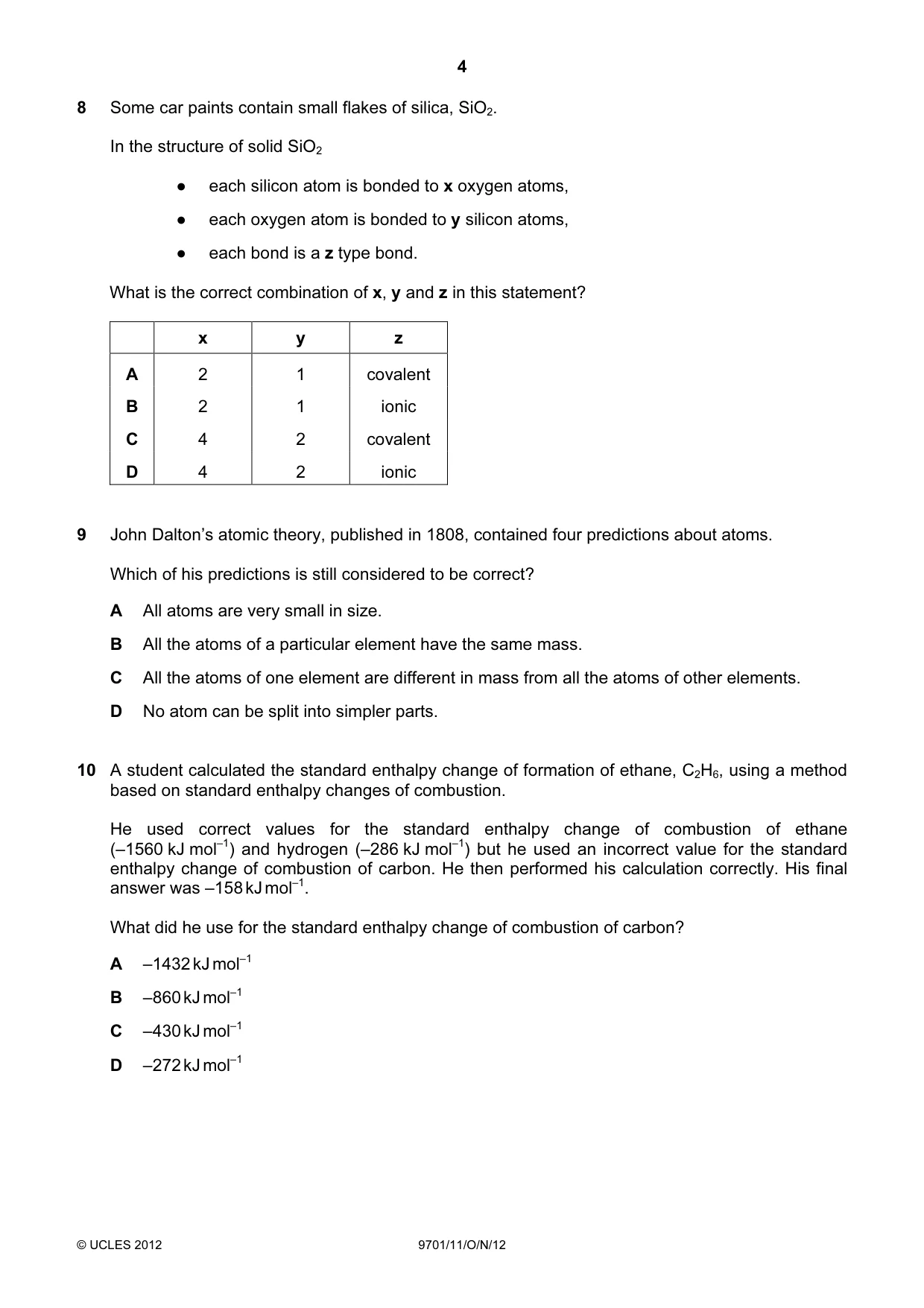 Cambridge A Level Chemistry 9701 2012 Oct/Nov Paper 1 · Variant 1 question paper, page 4 of 16