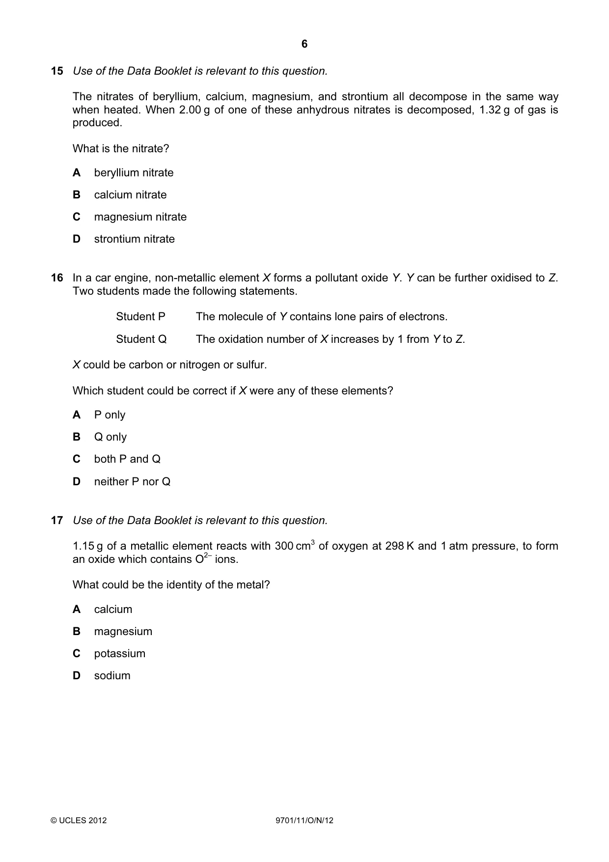 Cambridge A Level Chemistry 9701 2012 Oct/Nov Paper 1 · Variant 1 question paper, page 6 of 16