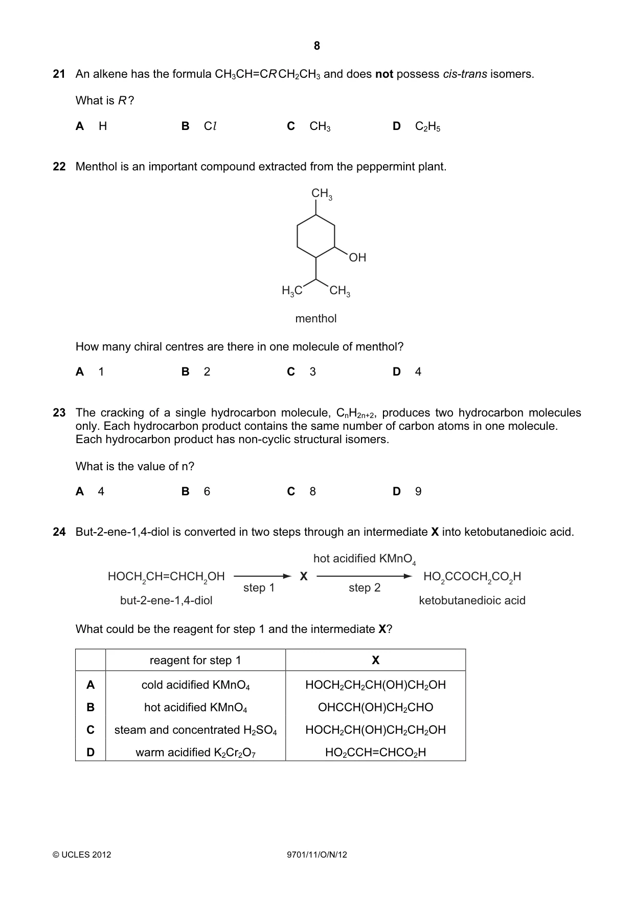 Cambridge A Level Chemistry 9701 2012 Oct/Nov Paper 1 · Variant 1 question paper, page 8 of 16