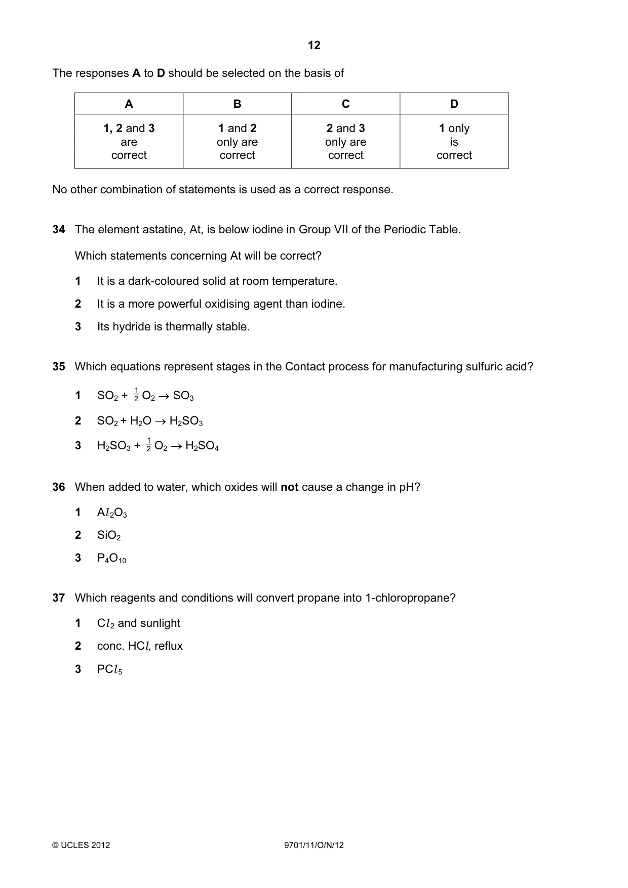 Cambridge A Level Chemistry 9701 2012 Oct/Nov Paper 1 · Variant 1 question paper, page 12 of 16