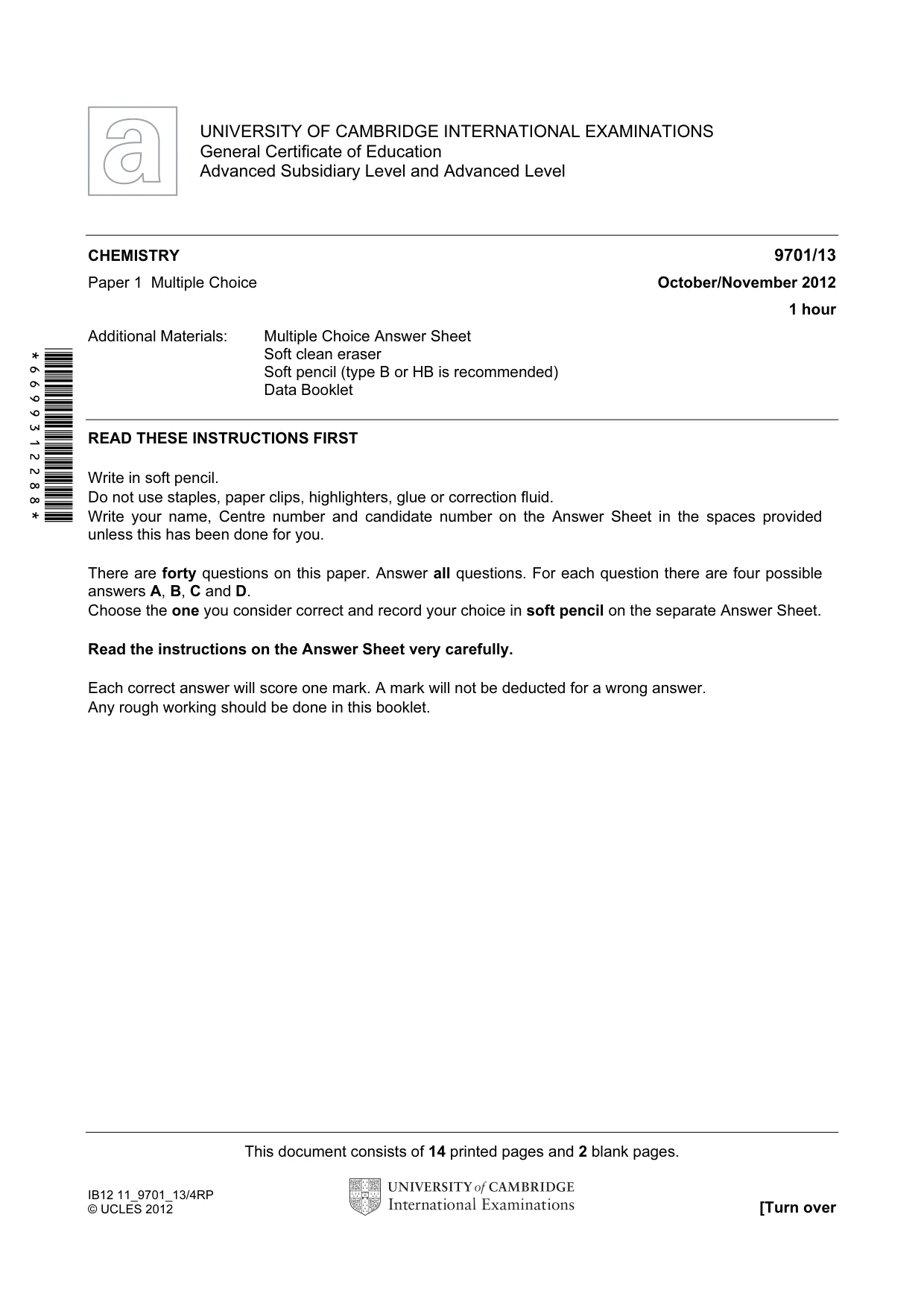 Cambridge A Level Chemistry 9701 2012 Oct/Nov Paper 1 · Variant 3 question paper, page 1 of 16