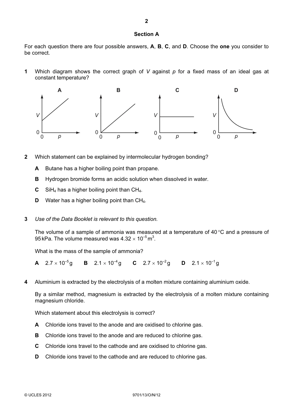 Cambridge A Level Chemistry 9701 2012 Oct/Nov Paper 1 · Variant 3 question paper, page 2 of 16