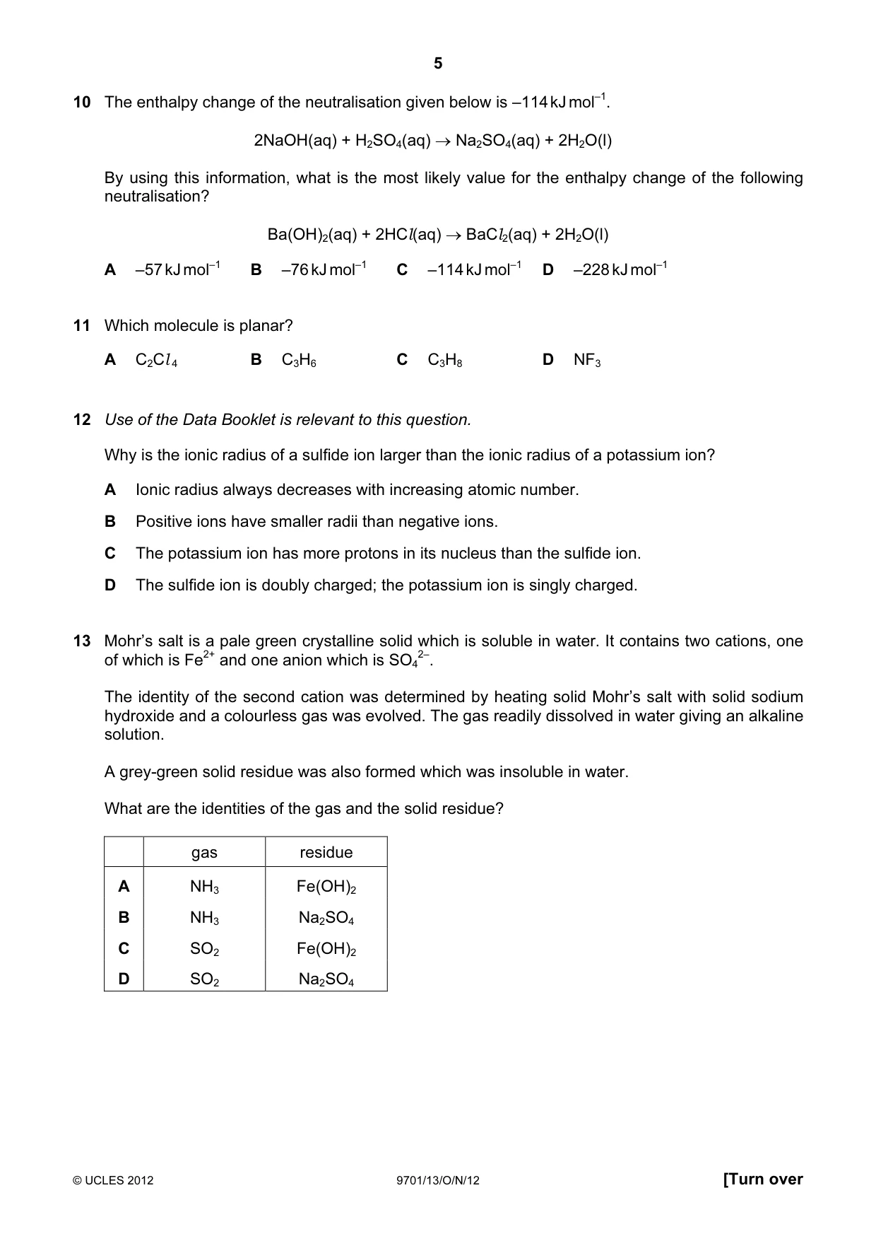 Cambridge A Level Chemistry 9701 2012 Oct/Nov Paper 1 · Variant 3 question paper, page 5 of 16