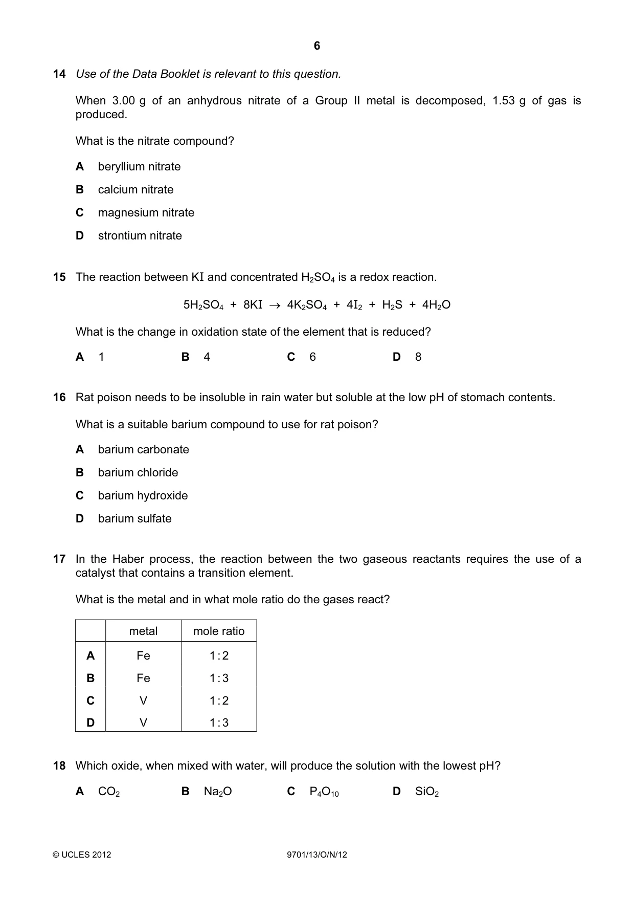 Cambridge A Level Chemistry 9701 2012 Oct/Nov Paper 1 · Variant 3 question paper, page 6 of 16