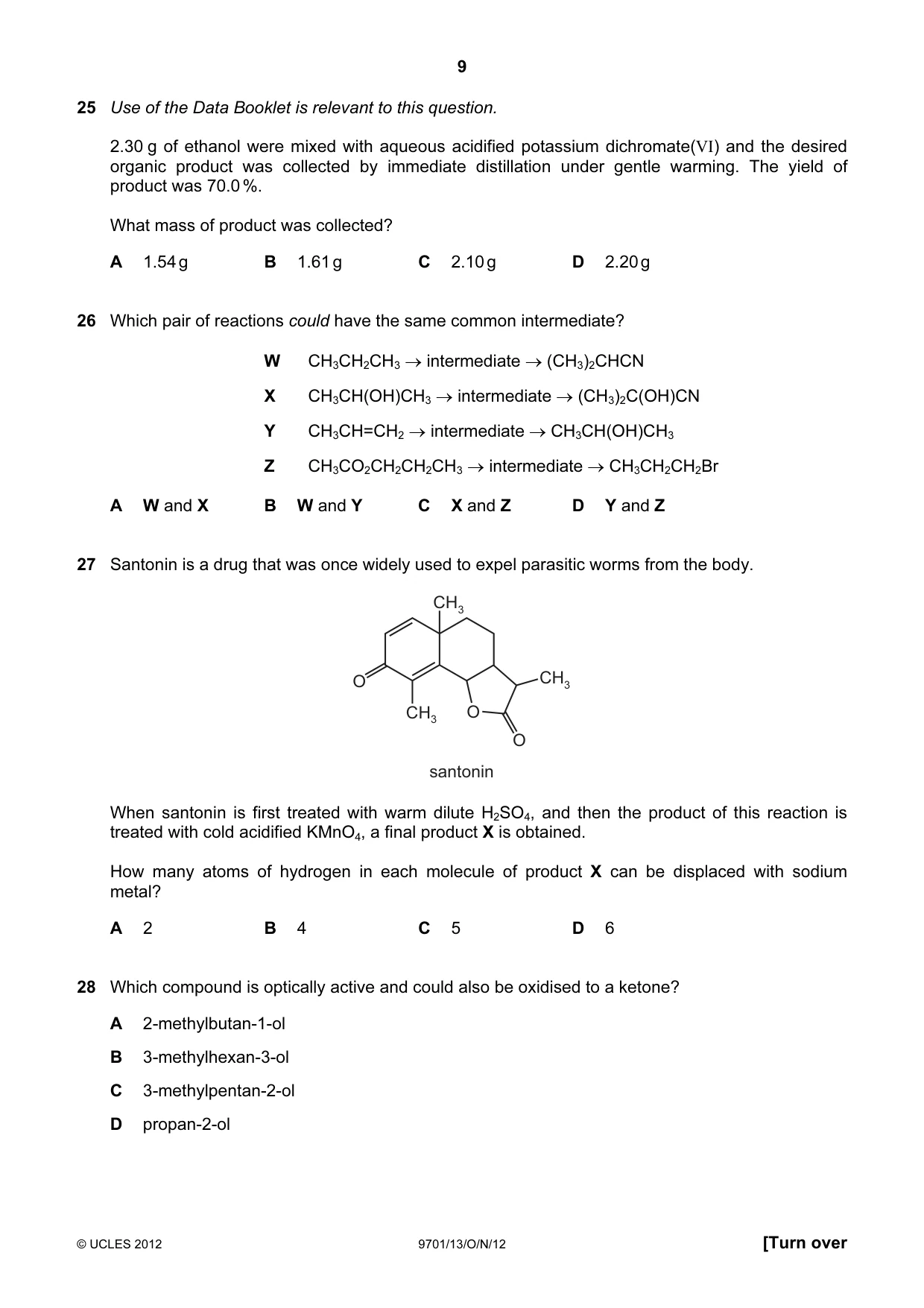 Cambridge A Level Chemistry 9701 2012 Oct/Nov Paper 1 · Variant 3 question paper, page 9 of 16