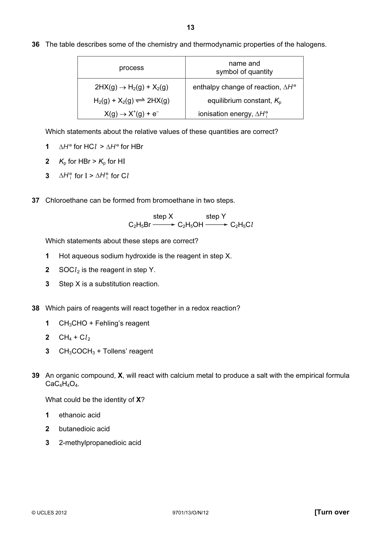 Cambridge A Level Chemistry 9701 2012 Oct/Nov Paper 1 · Variant 3 question paper, page 13 of 16