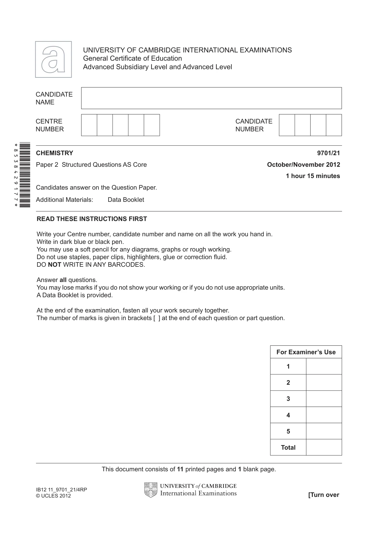 Cambridge A Level Chemistry 9701 2012 Oct/Nov Paper 2 · Variant 1 question paper, page 1 of 12