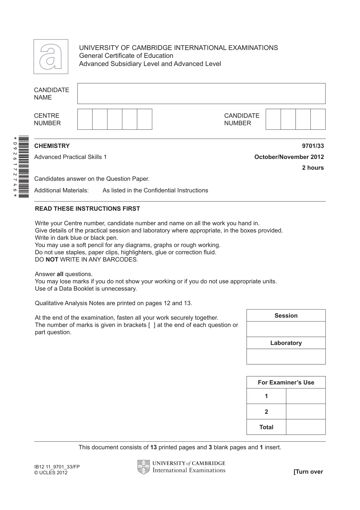 Cambridge A Level Chemistry 9701 2012 Oct/Nov Paper 3 · Variant 3 question paper, page 1 of 16