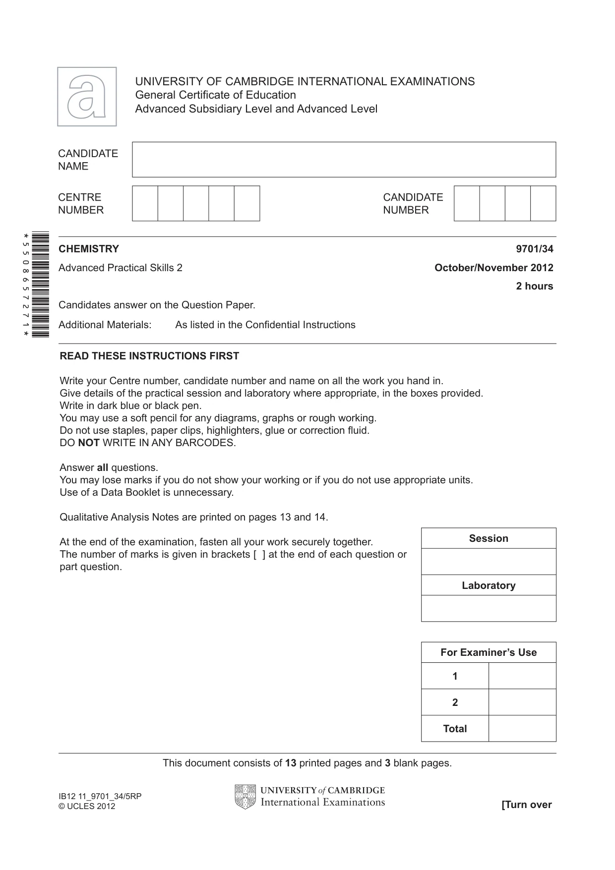 Cambridge A Level Chemistry 9701 2012 Oct/Nov Paper 3 · Variant 4 question paper, page 1 of 16
