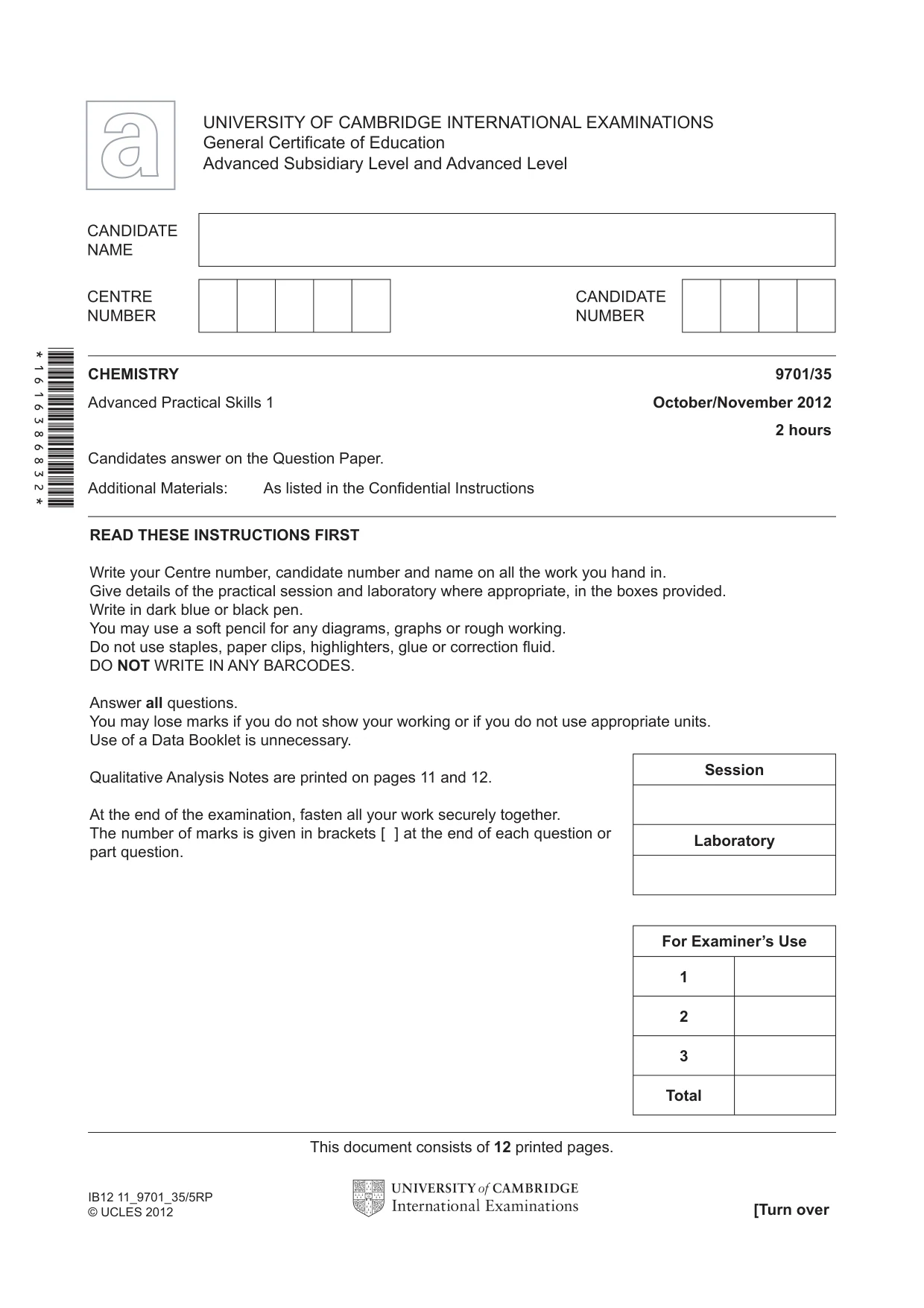 Cambridge A Level Chemistry 9701 2012 Oct/Nov Paper 3 · Variant 5 question paper, page 1 of 12