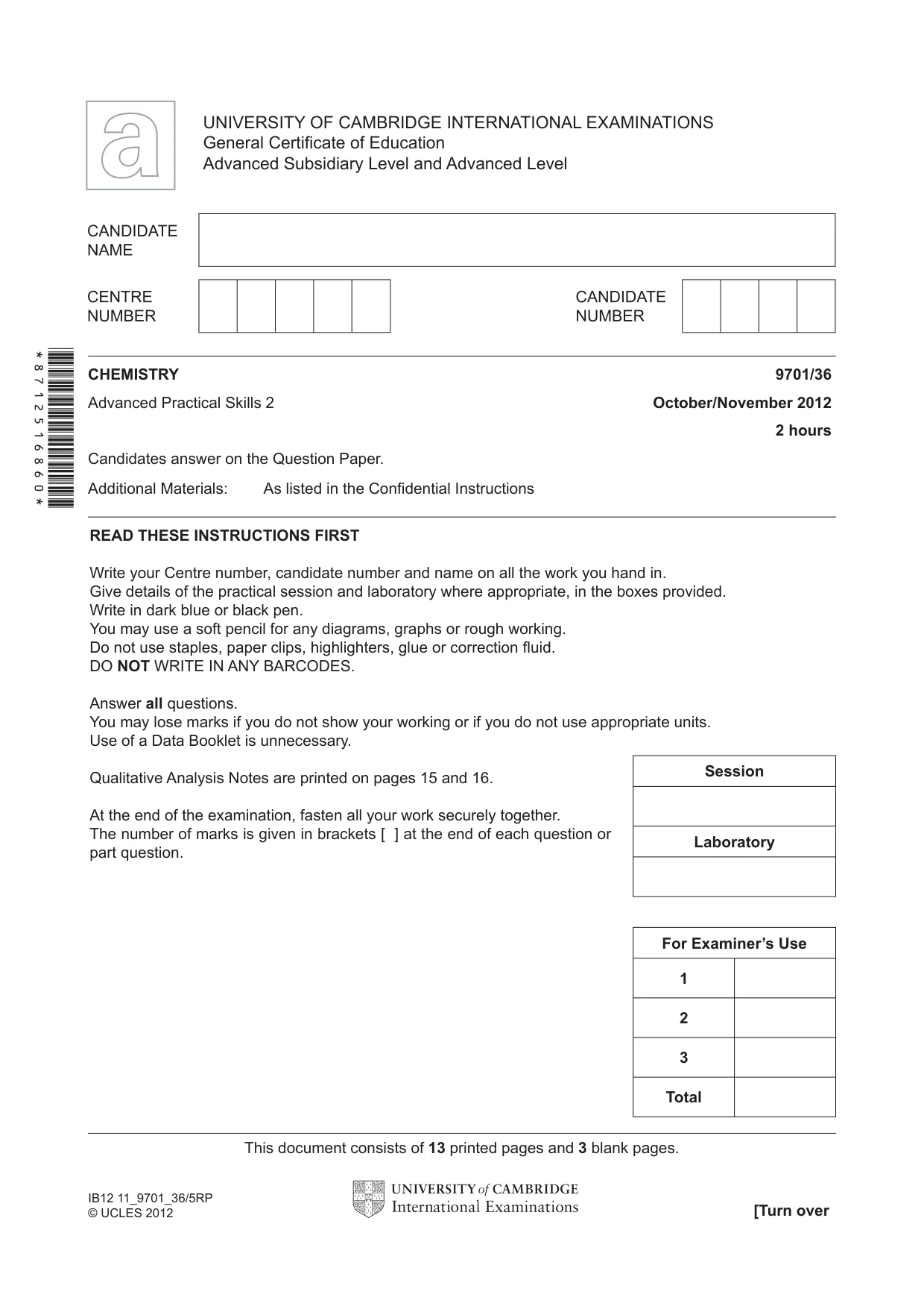 Cambridge A Level Chemistry 9701 2012 Oct/Nov Paper 3 · Variant 6 question paper, page 1 of 16
