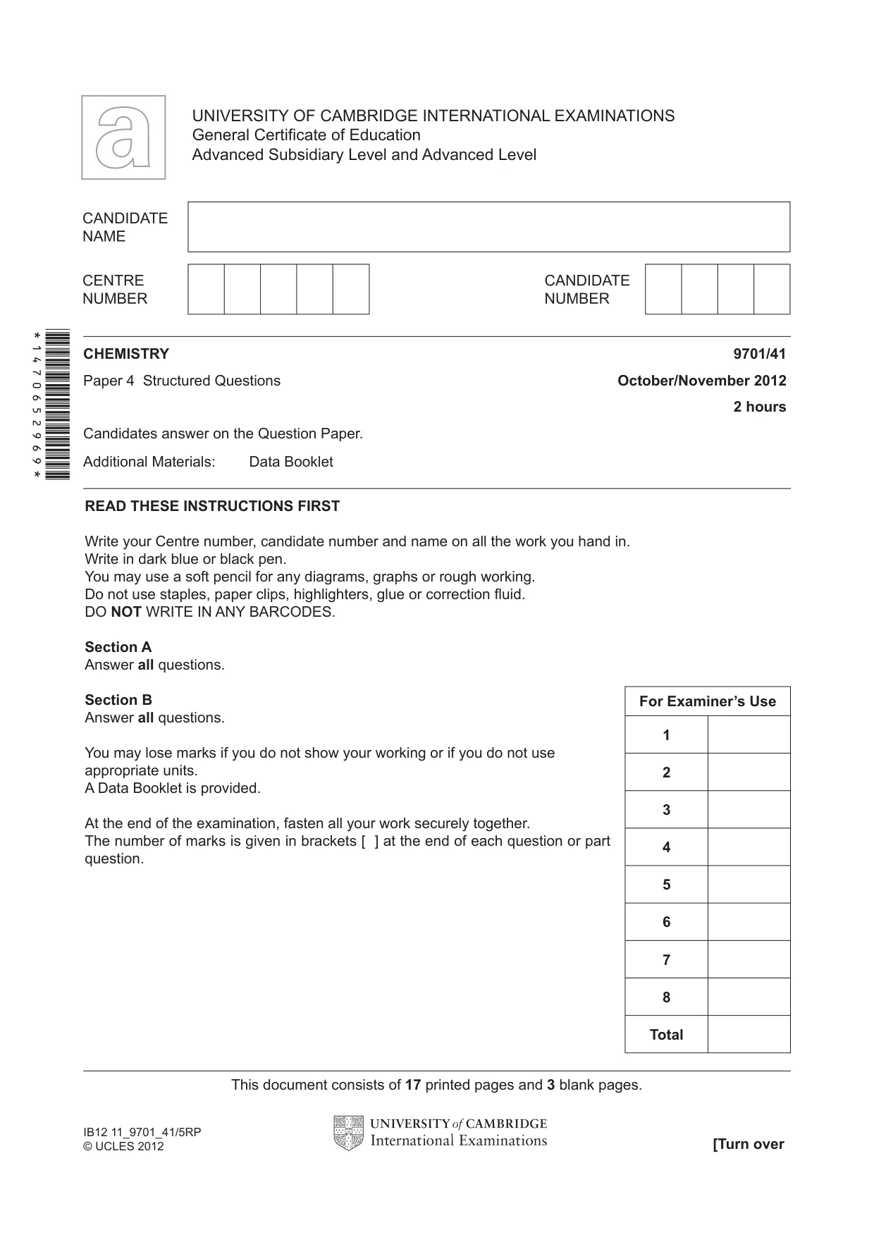 Cambridge A Level Chemistry 9701 2012 Oct/Nov Paper 4 · Variant 1 question paper, page 1 of 20