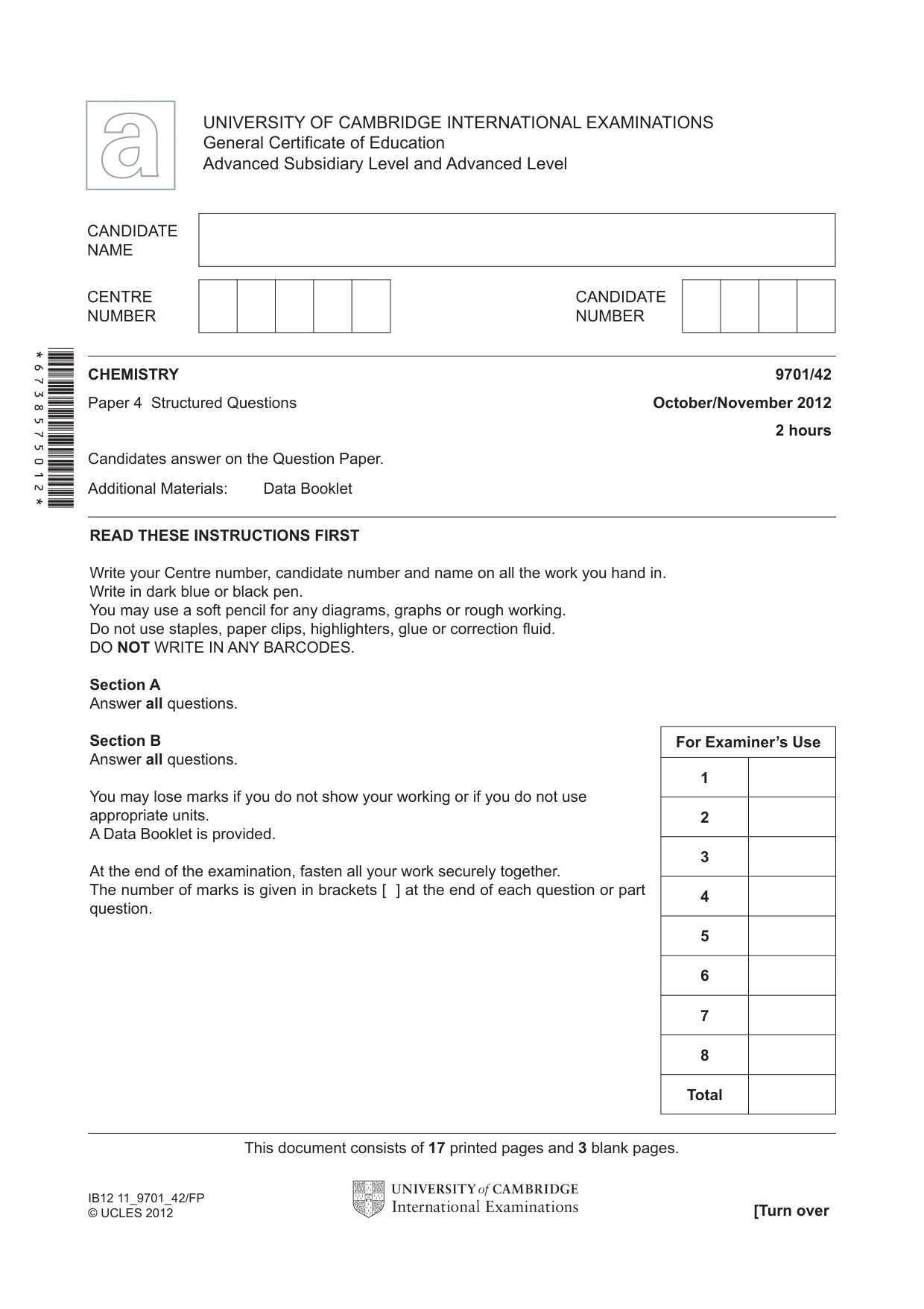Cambridge A Level Chemistry 9701 2012 Oct/Nov Paper 4 · Variant 2 question paper, page 1 of 20