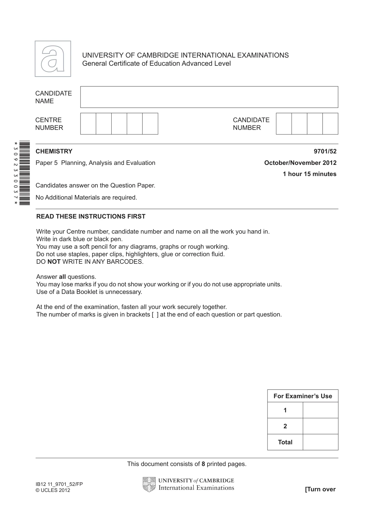 Cambridge A Level Chemistry 9701 2012 Oct/Nov Paper 5 · Variant 2 question paper, page 1 of 8