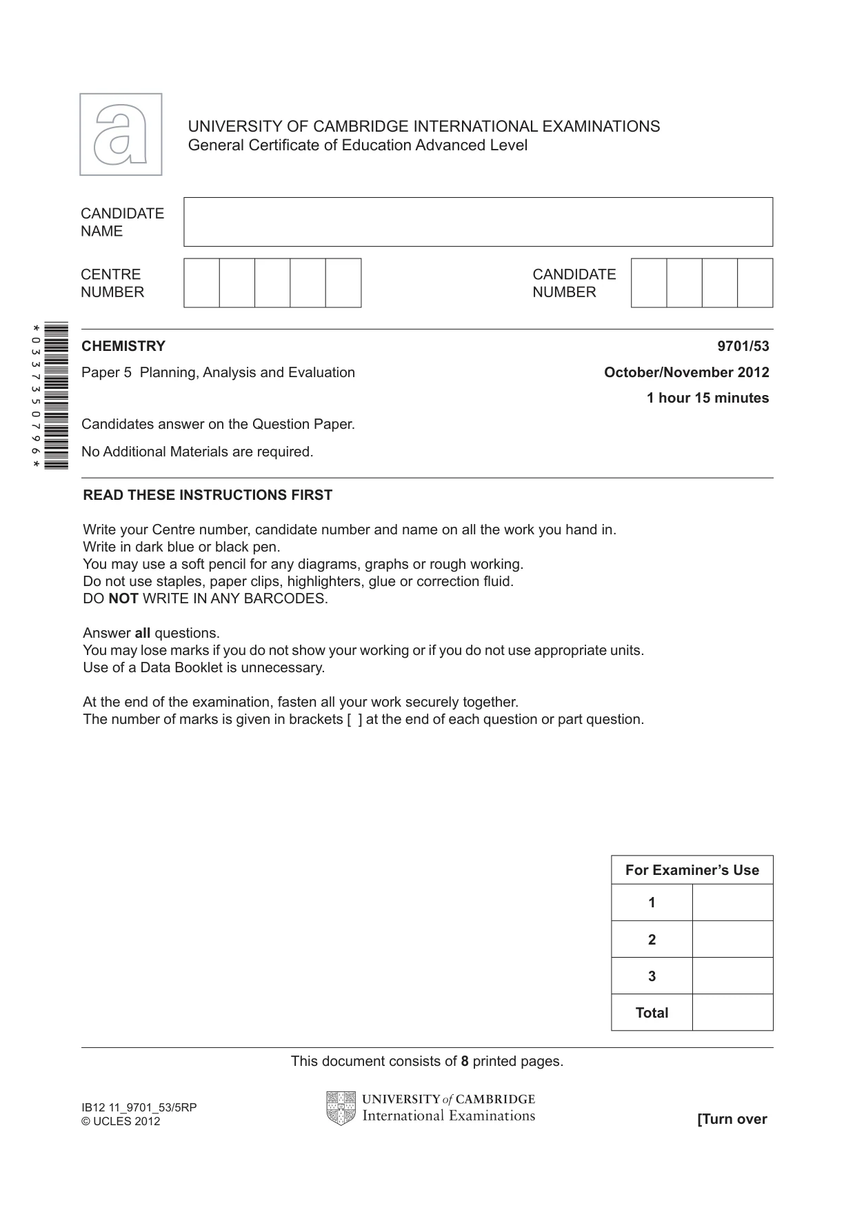 Cambridge A Level Chemistry 9701 2012 Oct/Nov Paper 5 · Variant 3 question paper, page 1 of 8