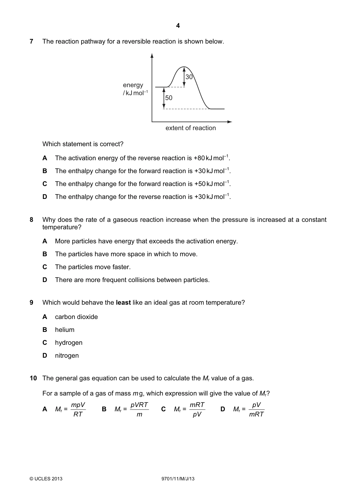 Cambridge A Level Chemistry 9701 2013 May/June Paper 1 · Variant 1 question paper, page 4 of 16