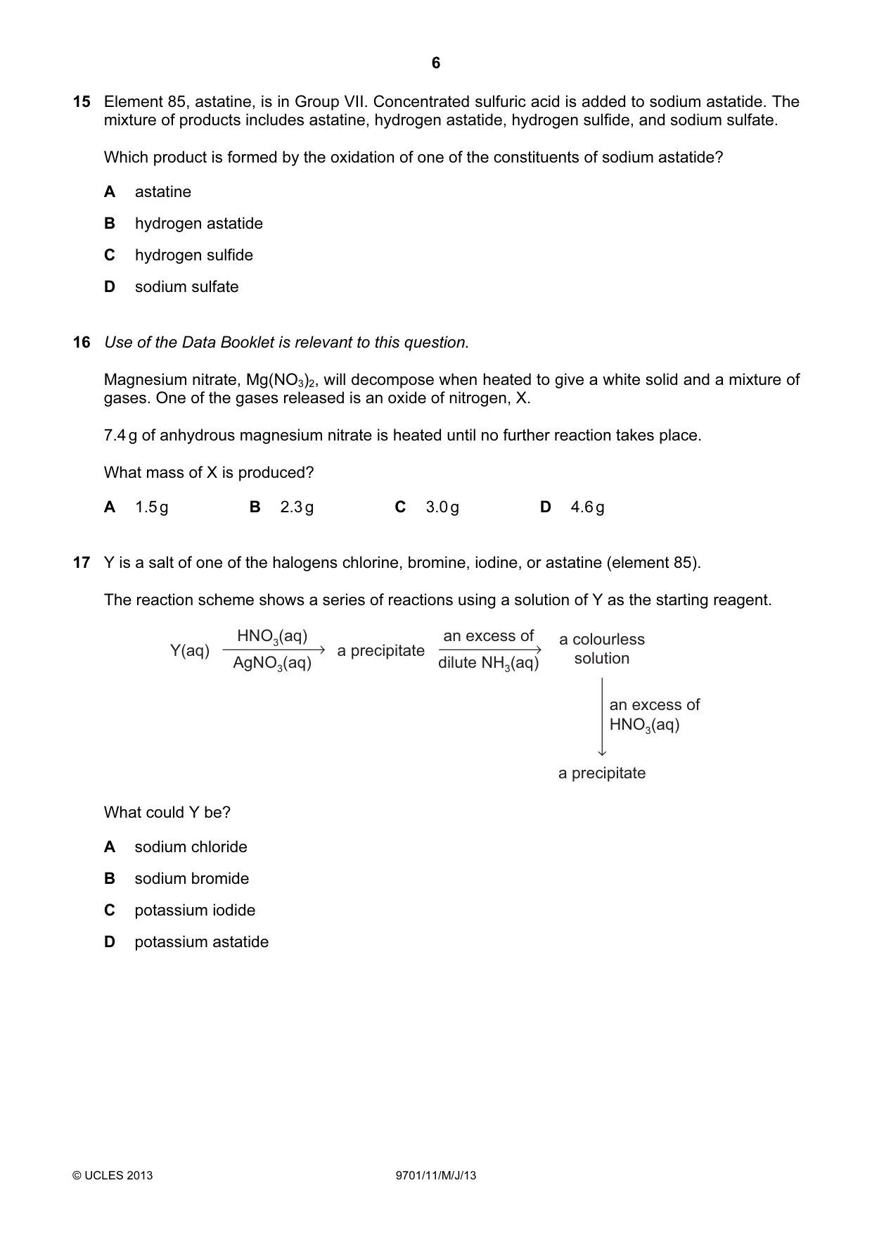 Cambridge A Level Chemistry 9701 2013 May/June Paper 1 · Variant 1 question paper, page 6 of 16