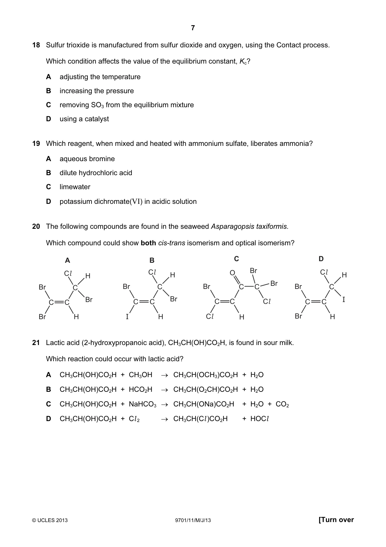 Cambridge A Level Chemistry 9701 2013 May/June Paper 1 · Variant 1 question paper, page 7 of 16