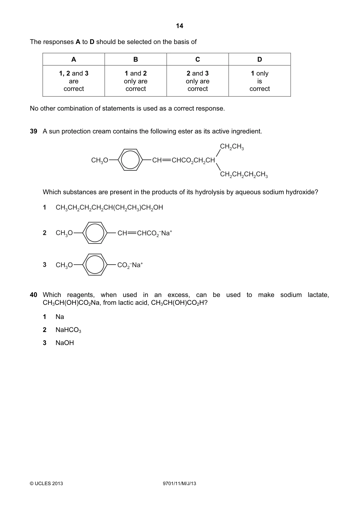 Cambridge A Level Chemistry 9701 2013 May/June Paper 1 · Variant 1 question paper, page 14 of 16