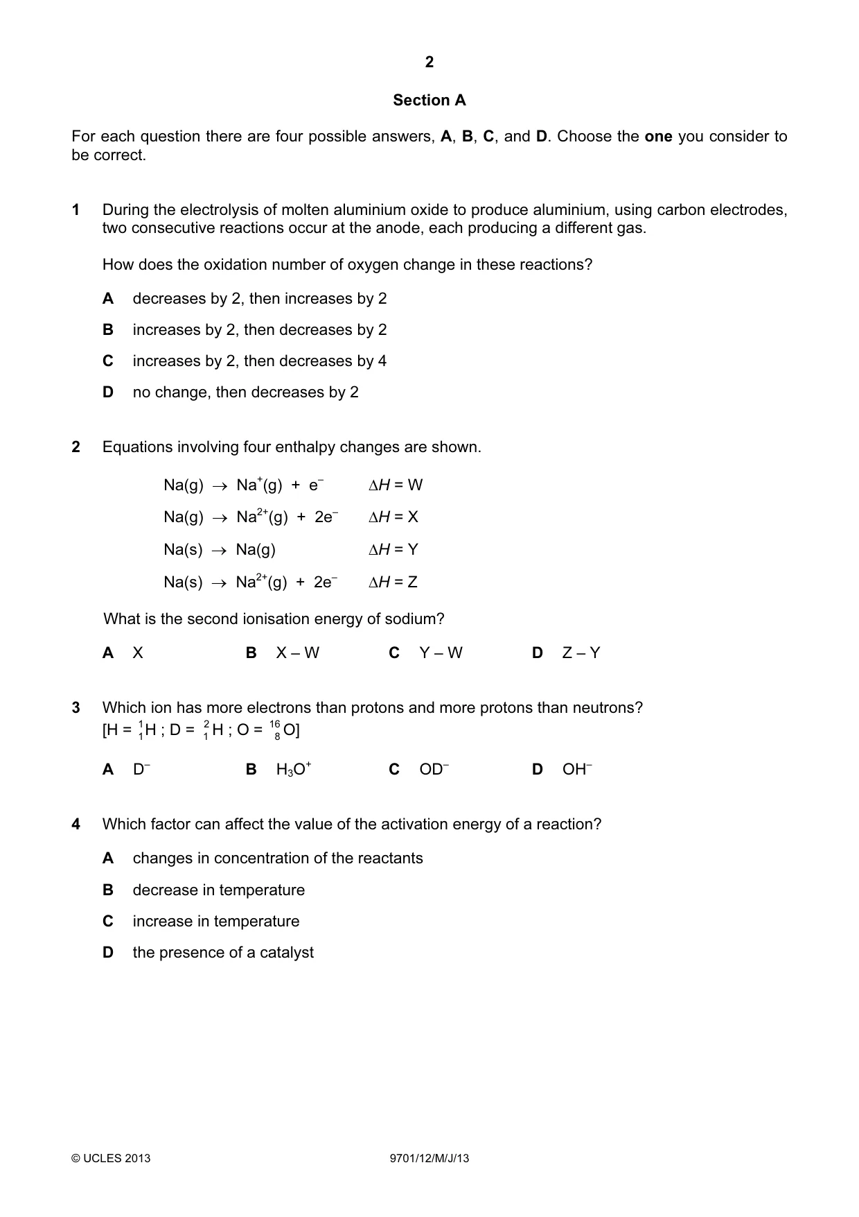 Cambridge A Level Chemistry 9701 2013 May/June Paper 1 · Variant 2 question paper, page 2 of 16