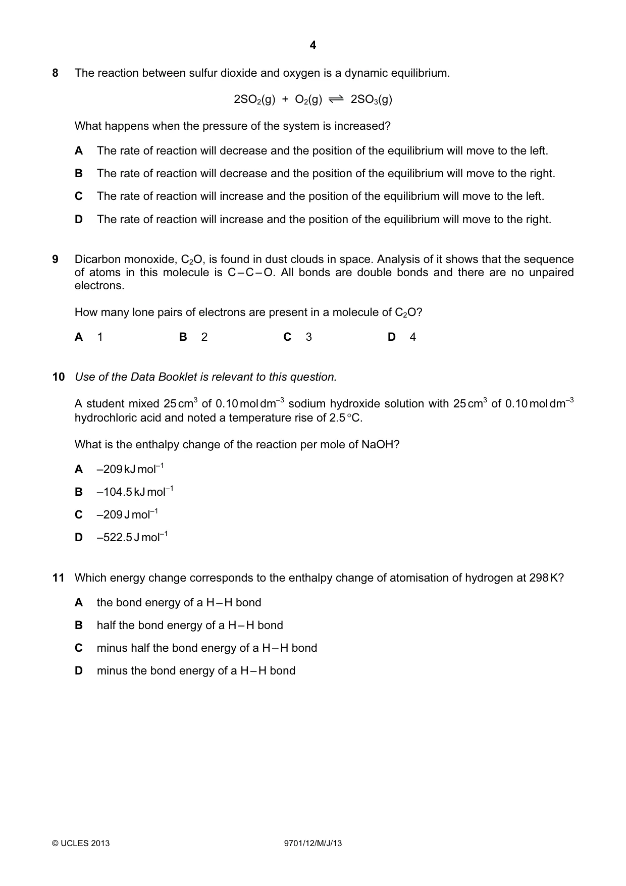 Cambridge A Level Chemistry 9701 2013 May/June Paper 1 · Variant 2 question paper, page 4 of 16