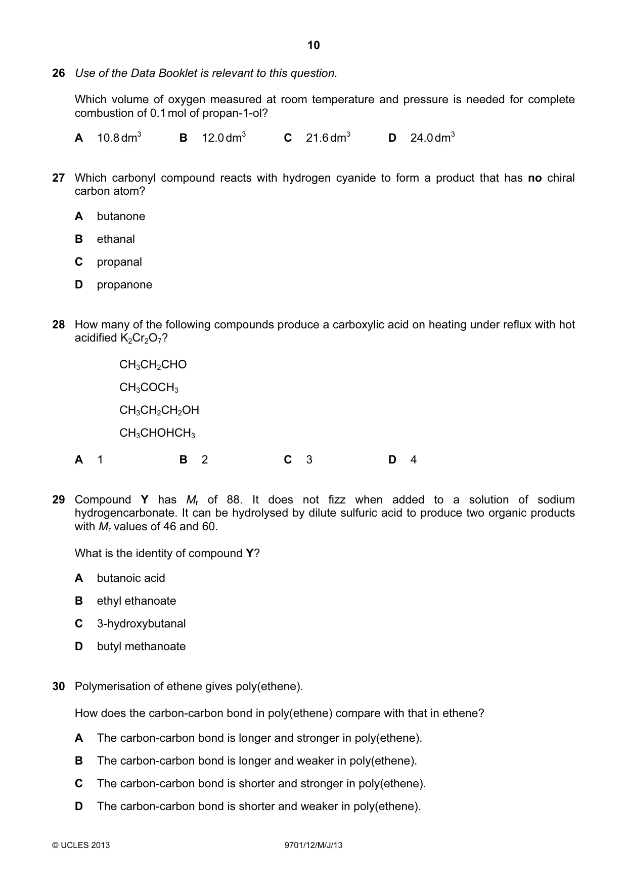 Cambridge A Level Chemistry 9701 2013 May/June Paper 1 · Variant 2 question paper, page 10 of 16