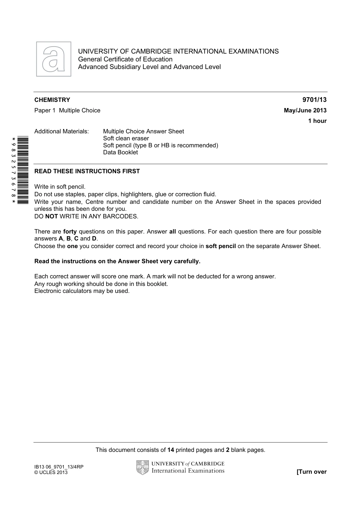 Cambridge A Level Chemistry 9701 2013 May/June Paper 1 · Variant 3 question paper, page 1 of 16