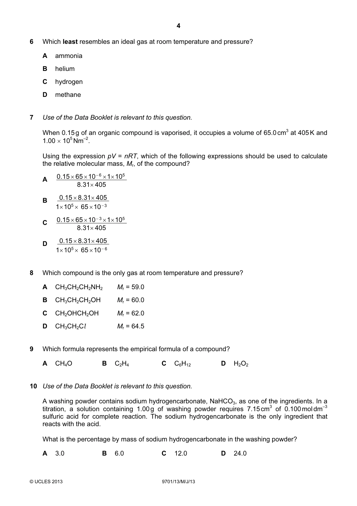 Cambridge A Level Chemistry 9701 2013 May/June Paper 1 · Variant 3 question paper, page 4 of 16