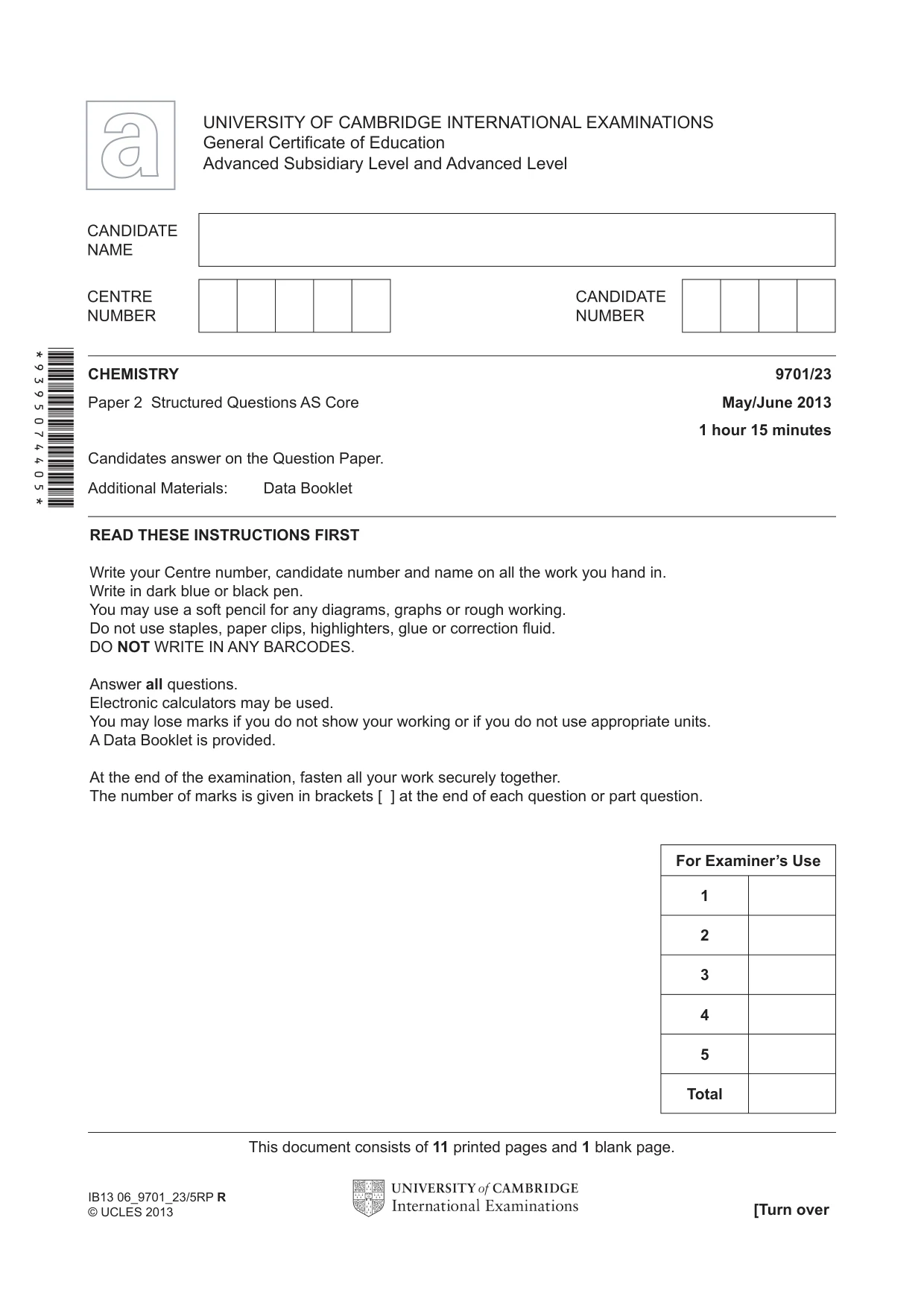 Cambridge A Level Chemistry 9701 2013 May/June Paper 2 · Variant 3 question paper, page 1 of 12